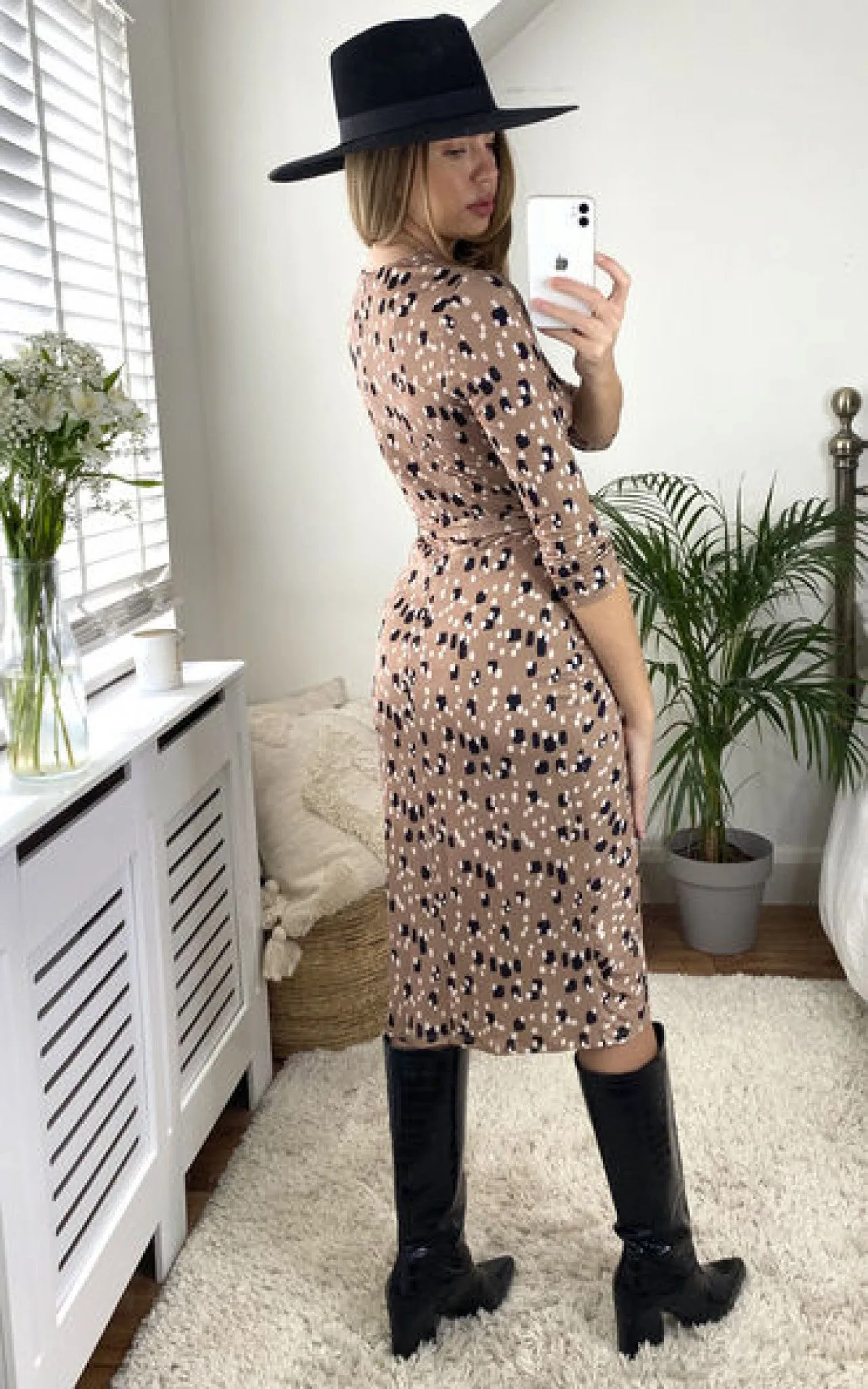 Love And Joy London Knee Length Midi Wrap Dress In Nude Colo