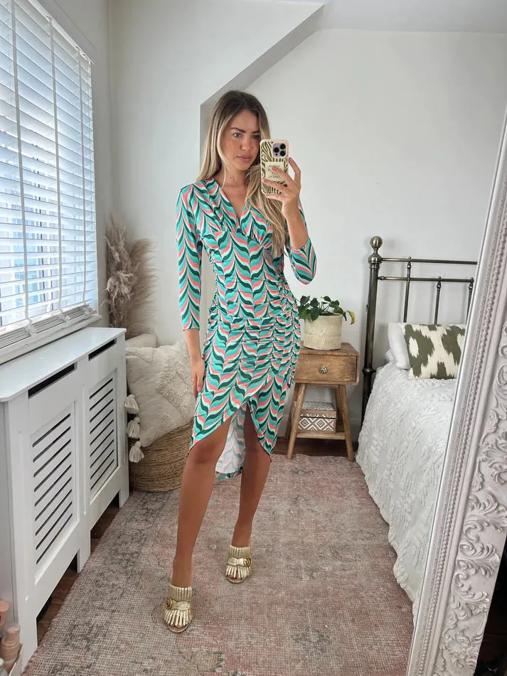 Love And Joy London Midi Wrap Dress In Green Print