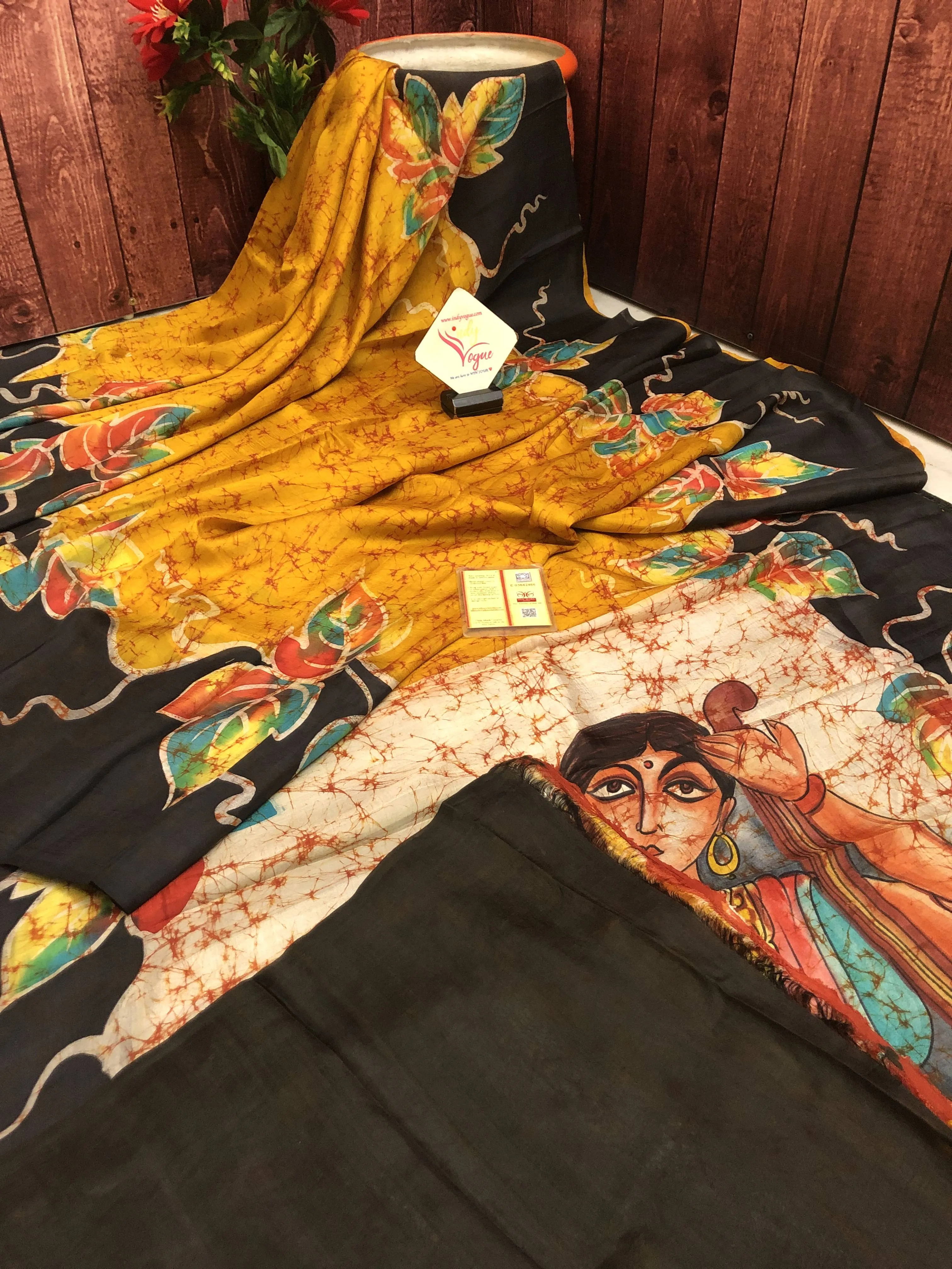 Multicolor Pure Bishnupur Katan Silk Saree with Wax Batik and Hand Painting