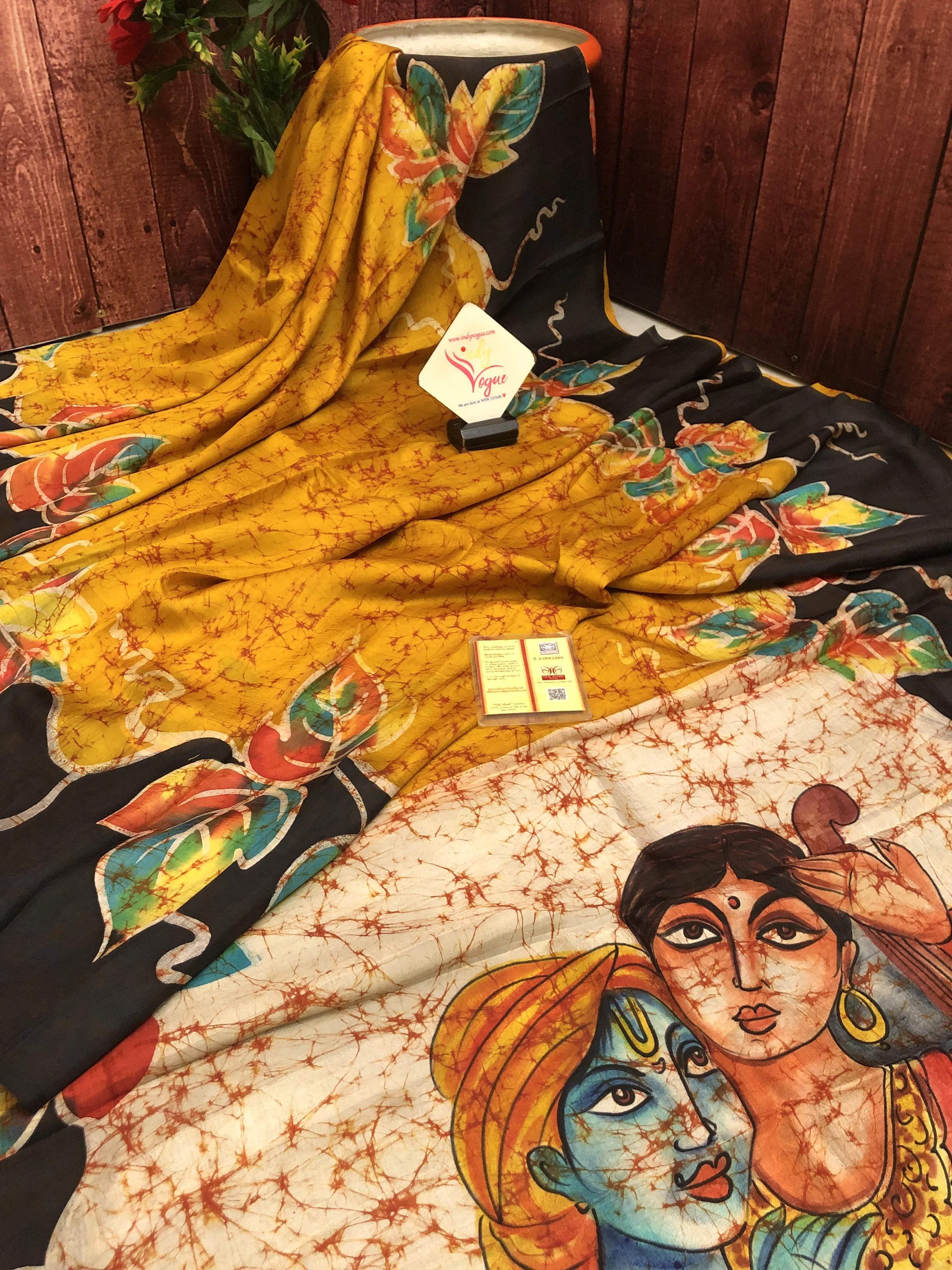 Multicolor Pure Bishnupur Katan Silk Saree with Wax Batik and Hand Painting