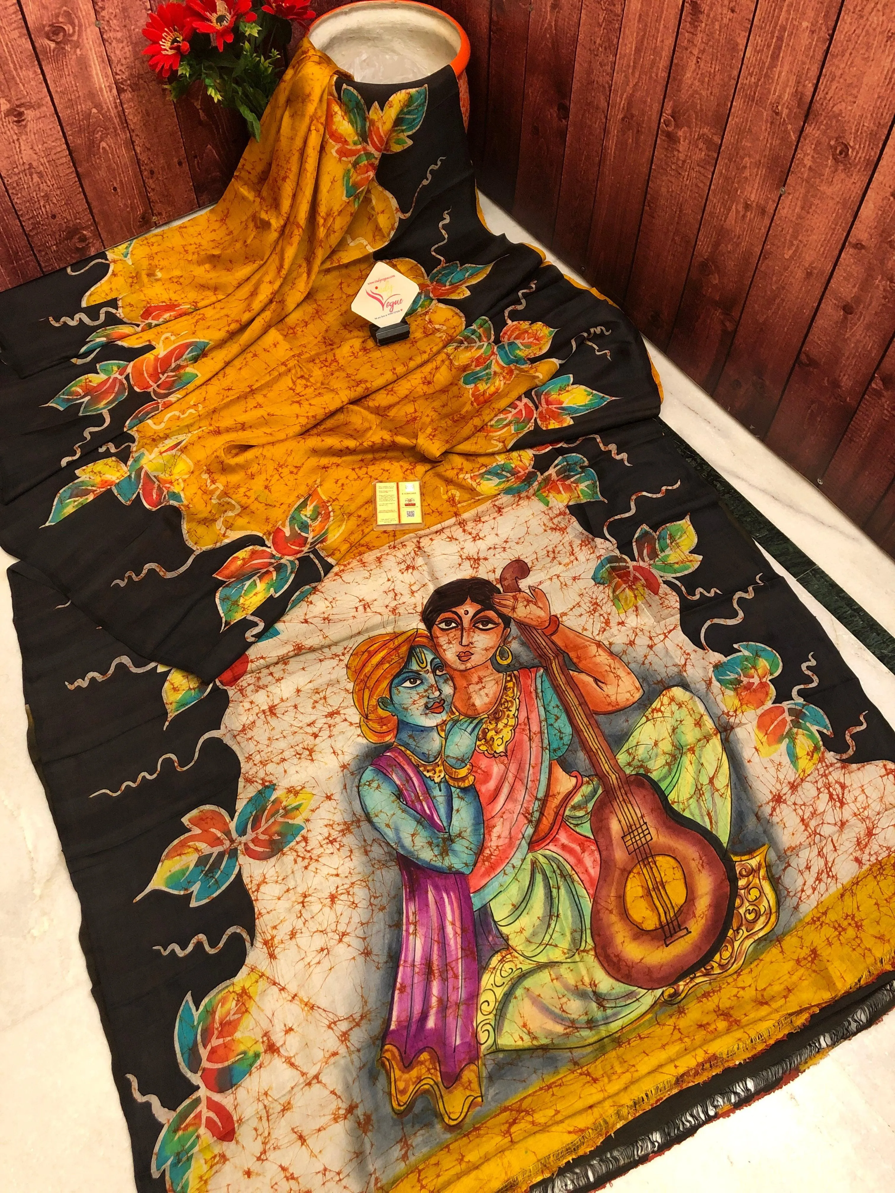 Multicolor Pure Bishnupur Katan Silk Saree with Wax Batik and Hand Painting