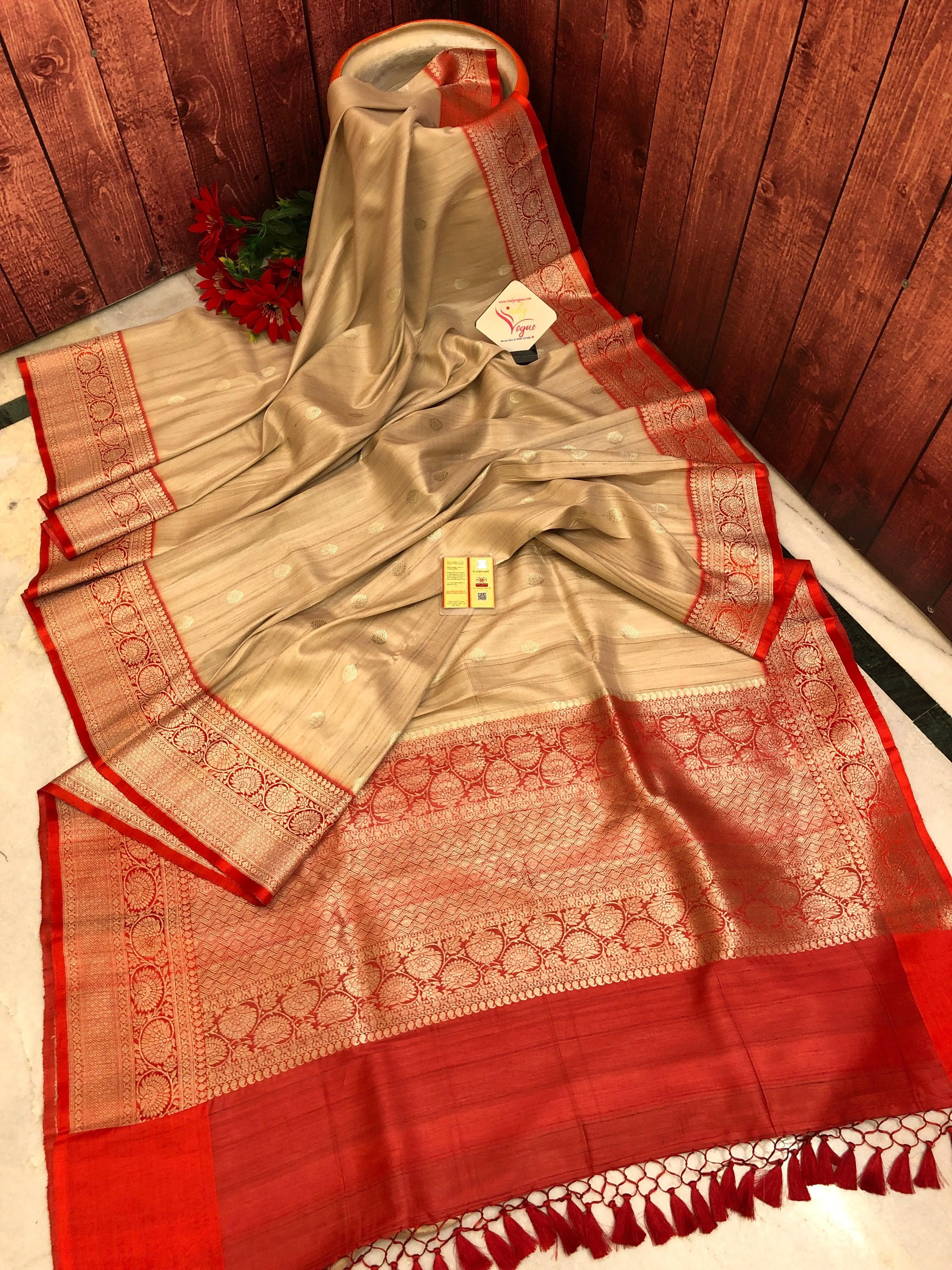 Natural Sandalwood Color Pure Tussar Banarasi Saree with Satin Border