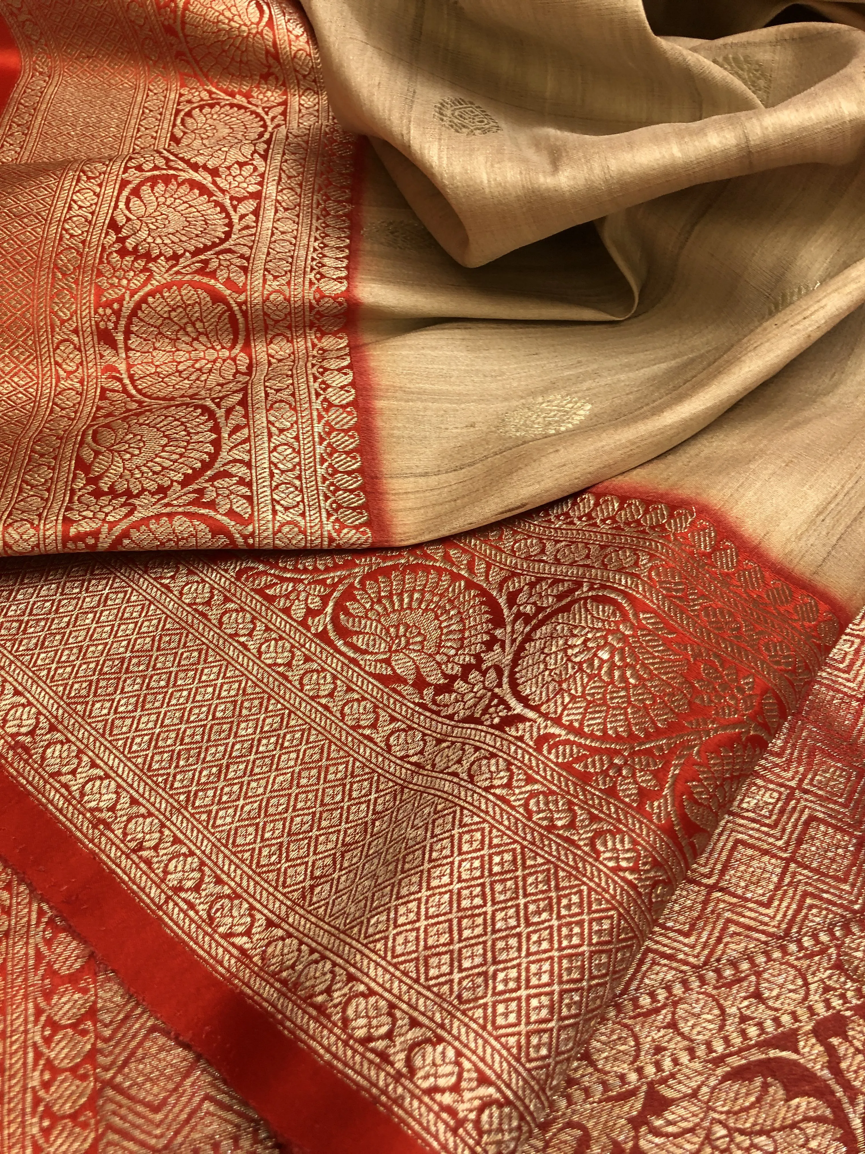 Natural Sandalwood Color Pure Tussar Banarasi Saree with Satin Border