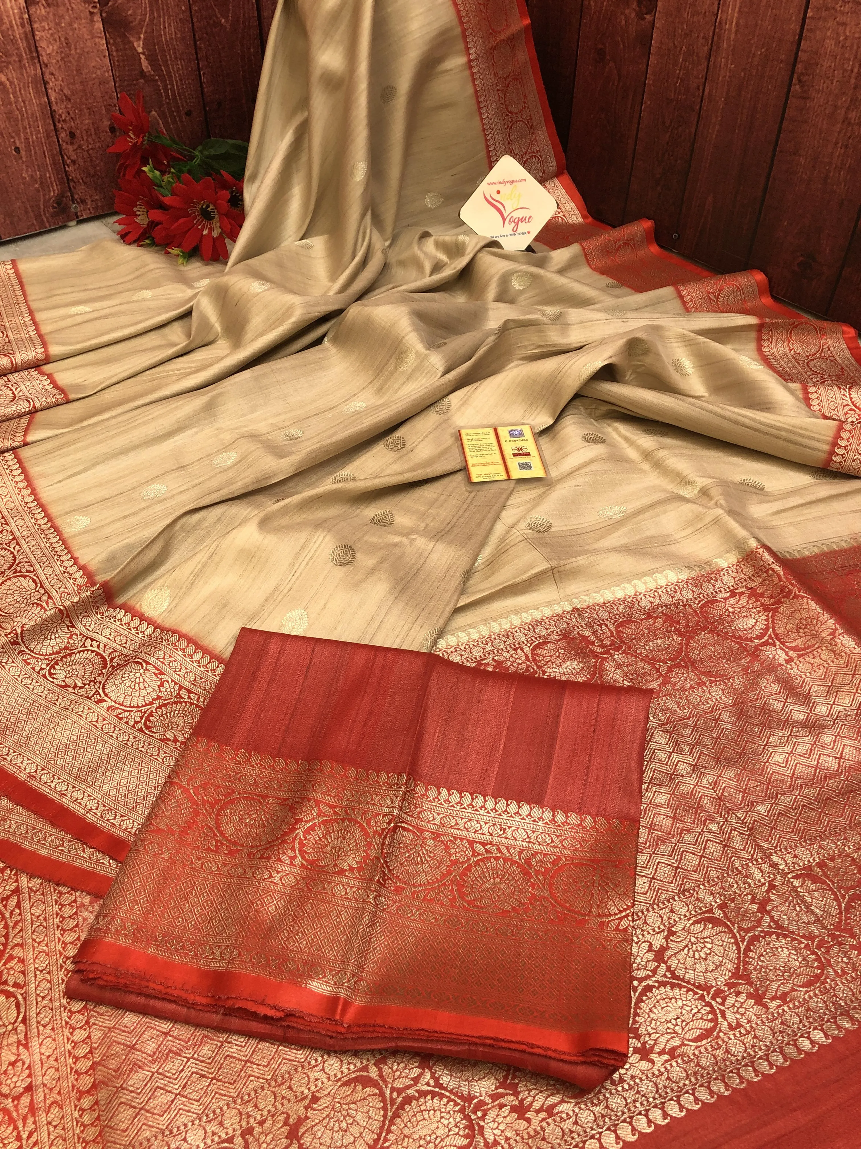 Natural Sandalwood Color Pure Tussar Banarasi Saree with Satin Border