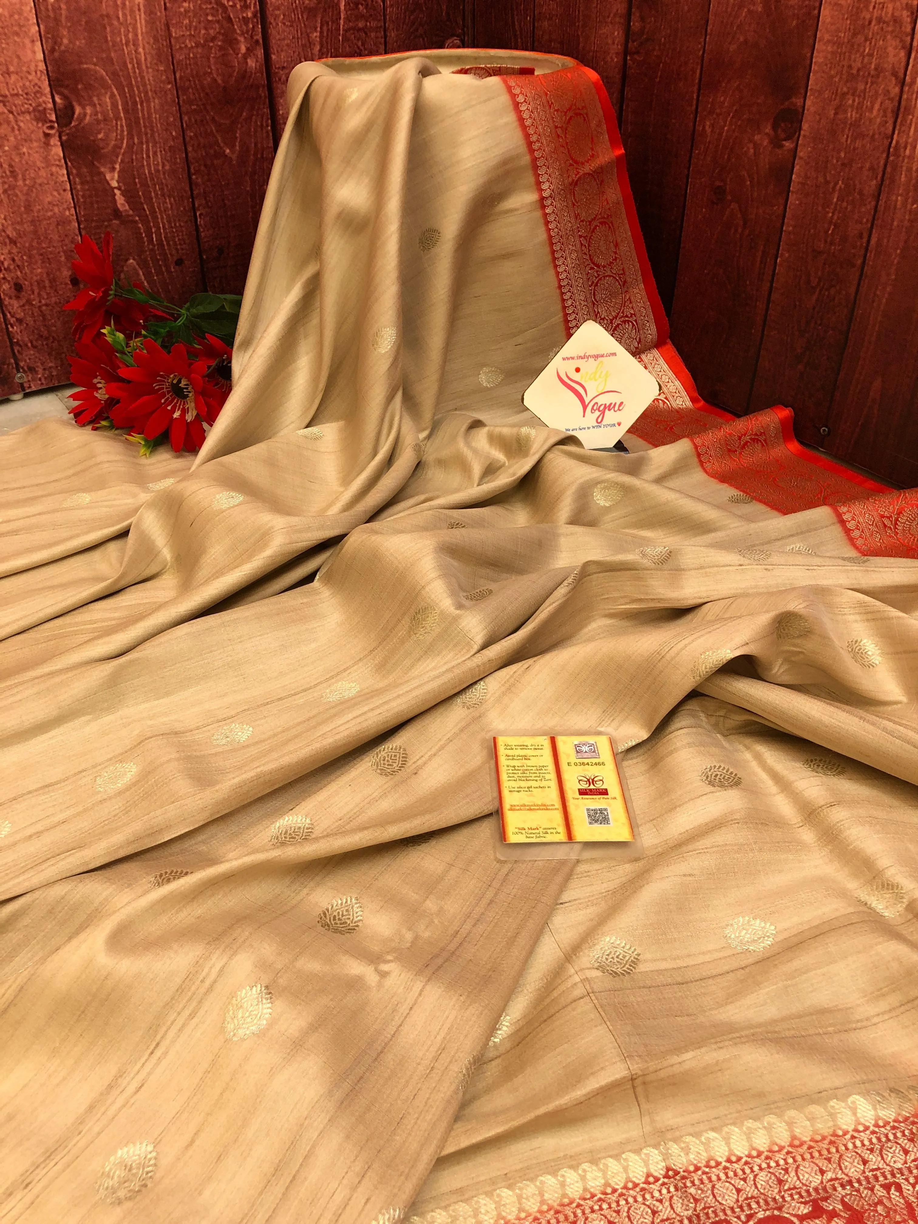 Natural Sandalwood Color Pure Tussar Banarasi Saree with Satin Border