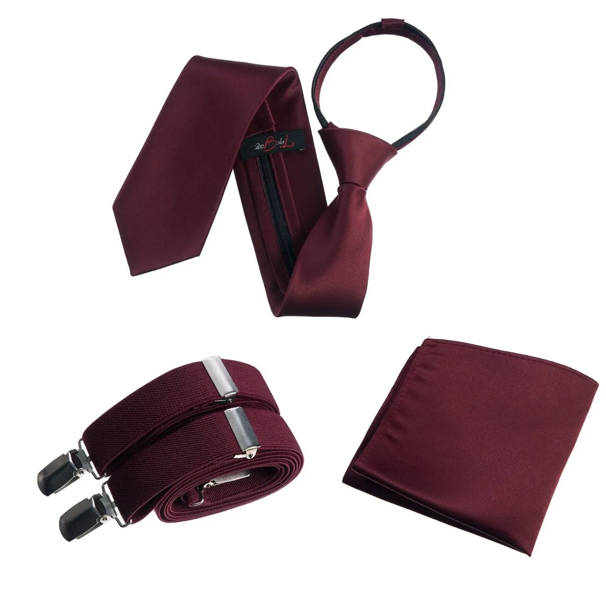 Neck Tie Pocket Square and Adjustable Stretch Suspender Set