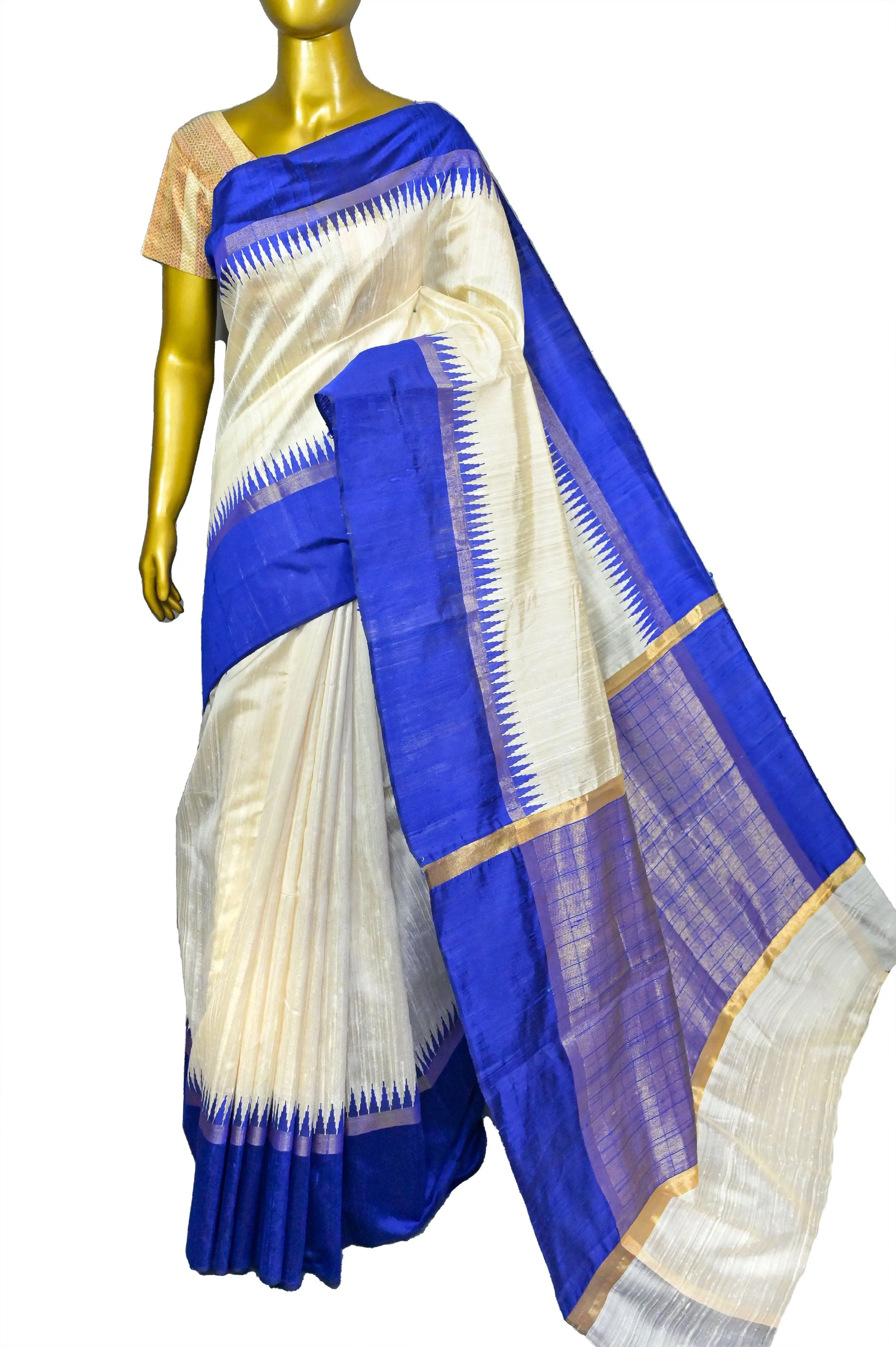 Offwhite and Deep Indigo Blue Color Pure Raw Silk Saree