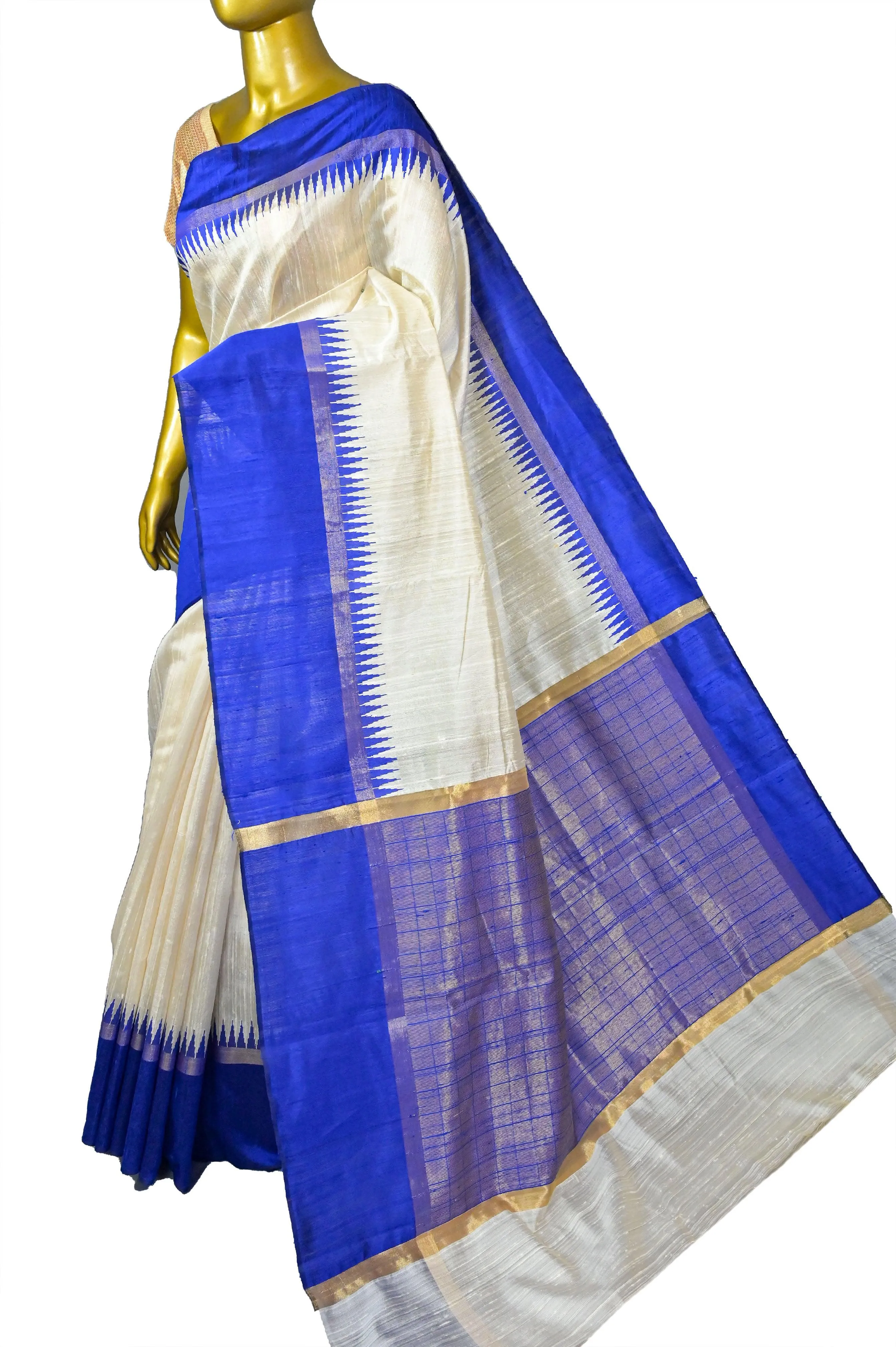 Offwhite and Deep Indigo Blue Color Pure Raw Silk Saree