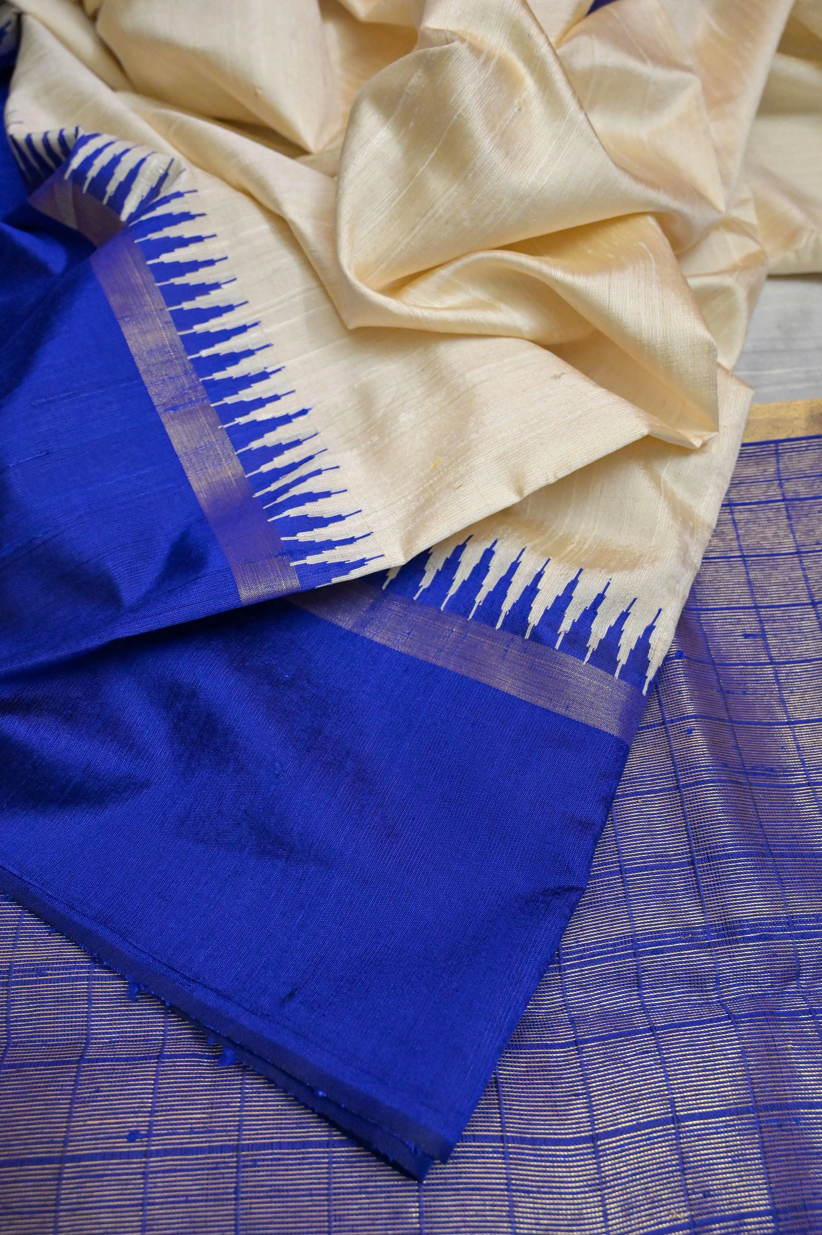 Offwhite and Deep Indigo Blue Color Pure Raw Silk Saree