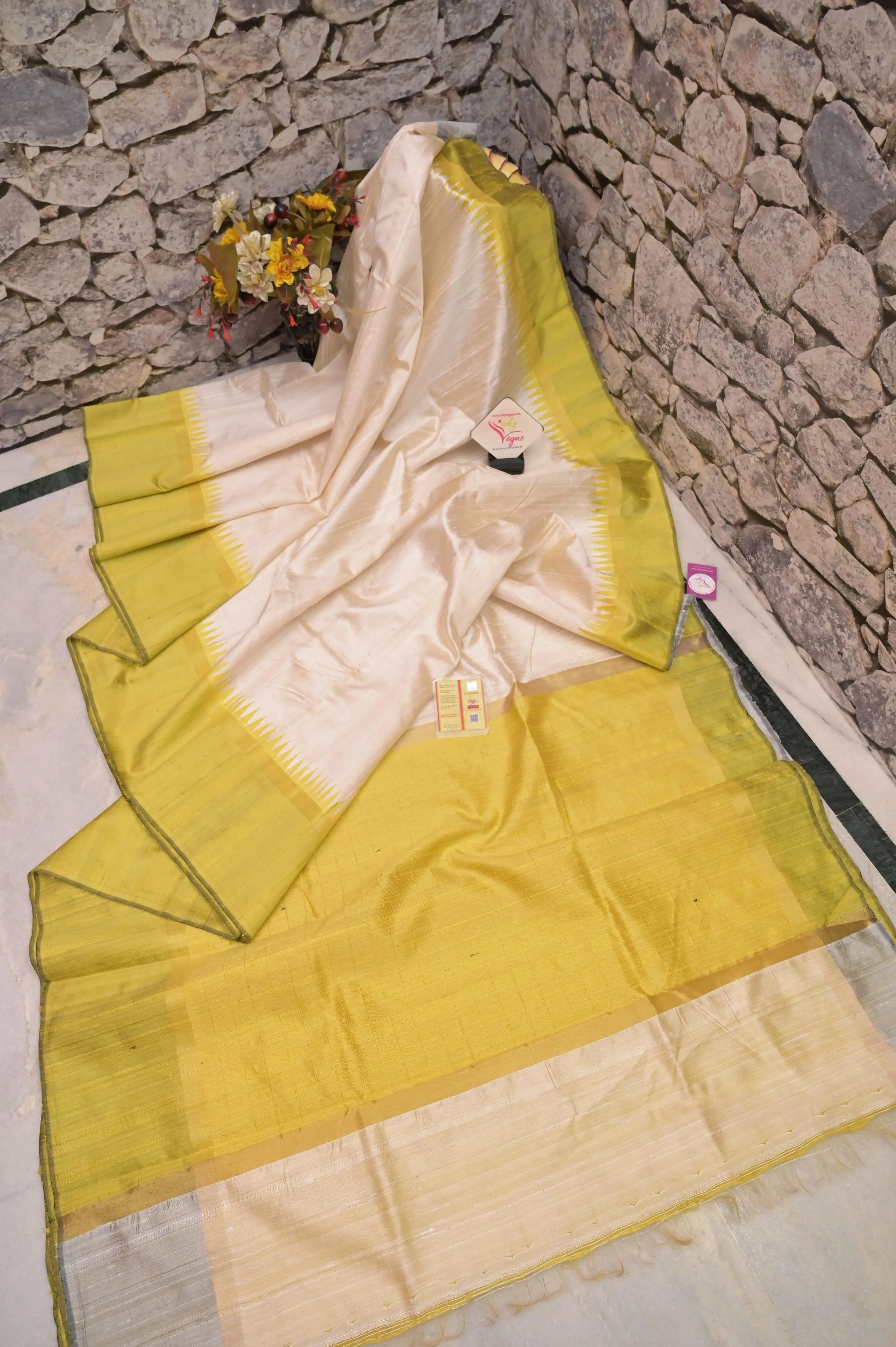 Offwhite and Pista Color Raw Silk Saree with Temple Border