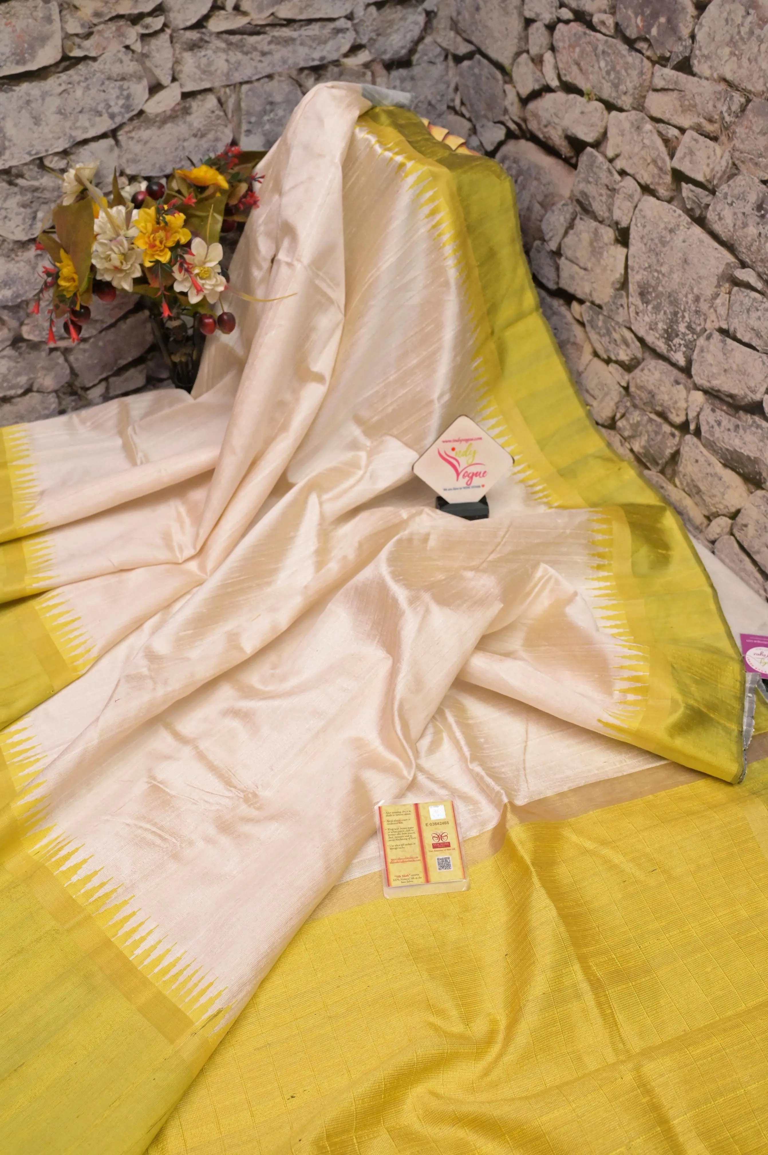 Offwhite and Pista Color Raw Silk Saree with Temple Border