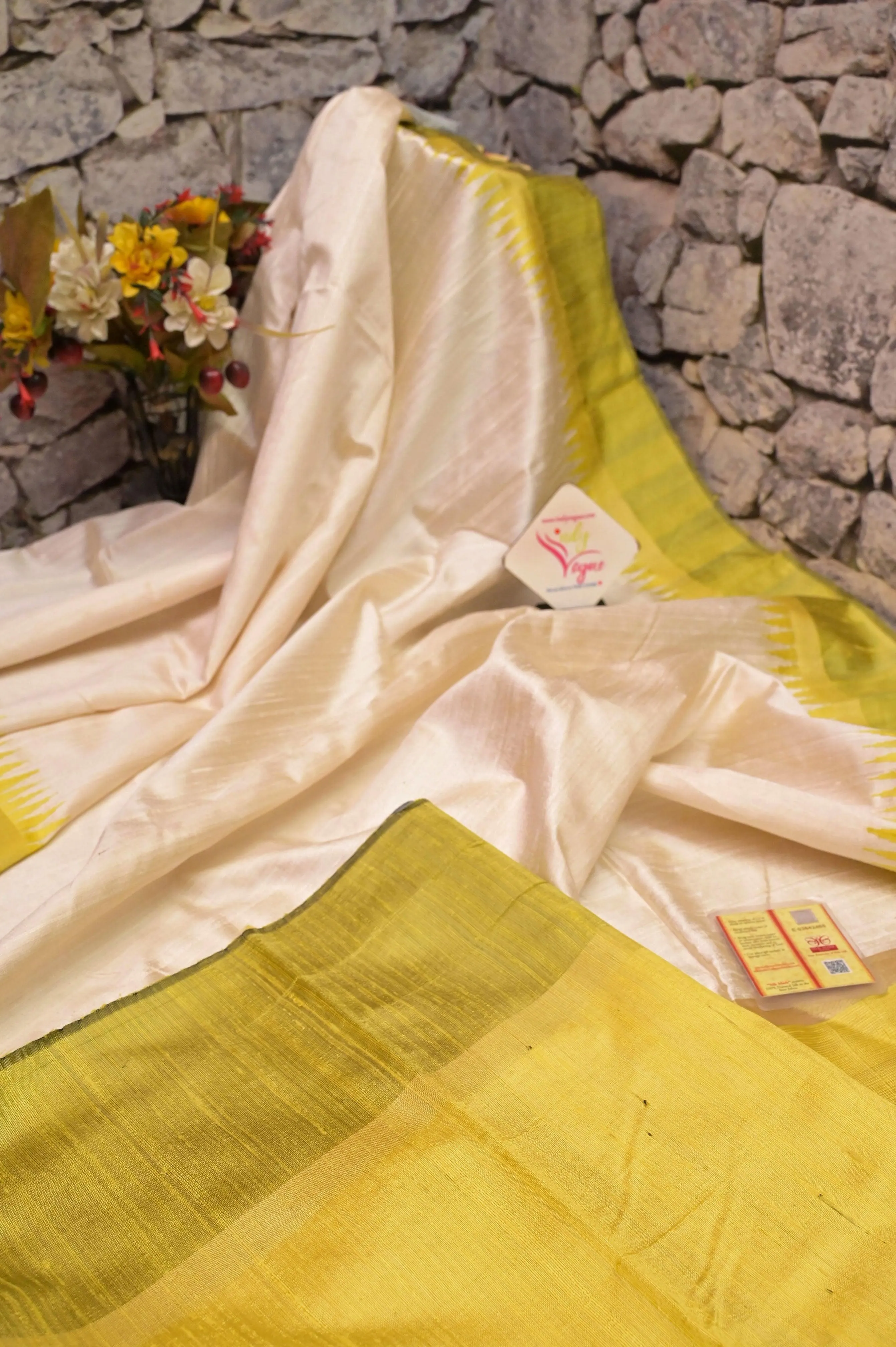 Offwhite and Pista Color Raw Silk Saree with Temple Border