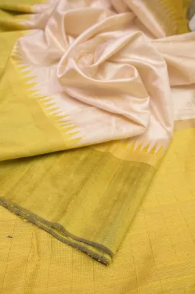 Offwhite and Pista Color Raw Silk Saree with Temple Border