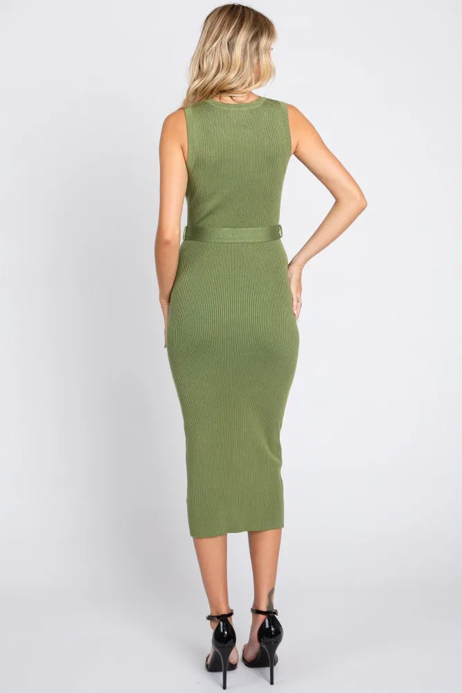 Olive Rib Knit Sleeveless Midi Dress