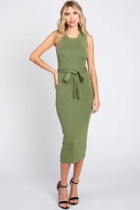 Olive Rib Knit Sleeveless Midi Dress