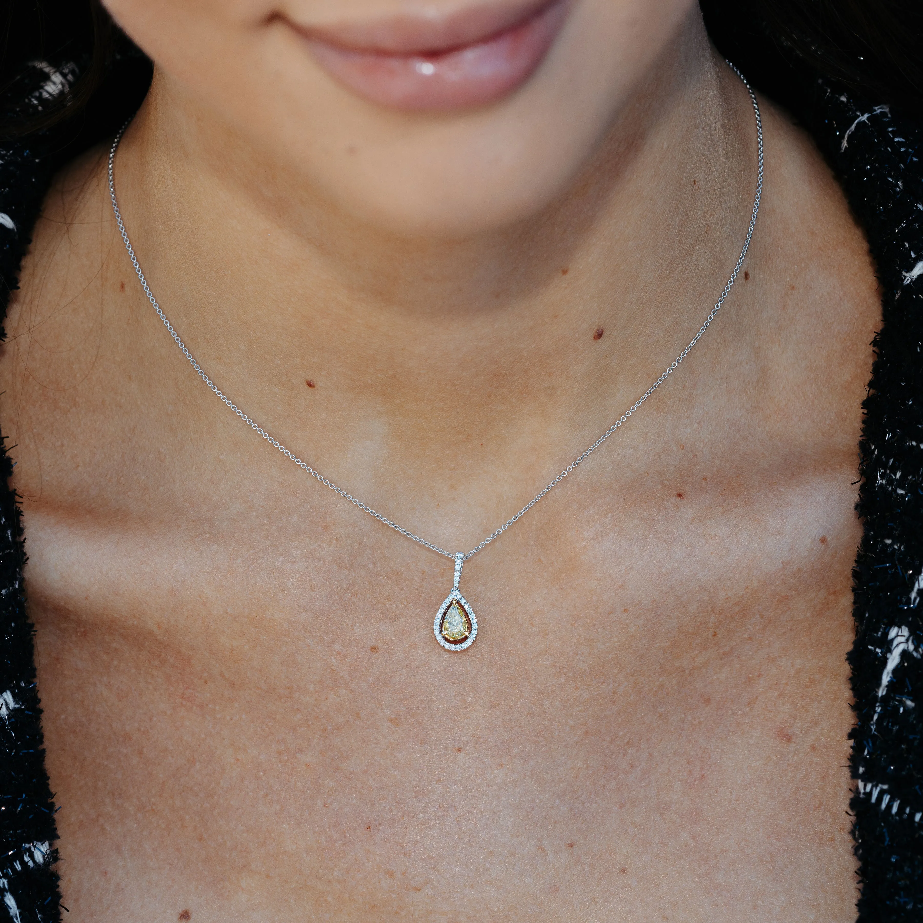 Pear Shaped Yellow Diamond Halo Pendant Necklace