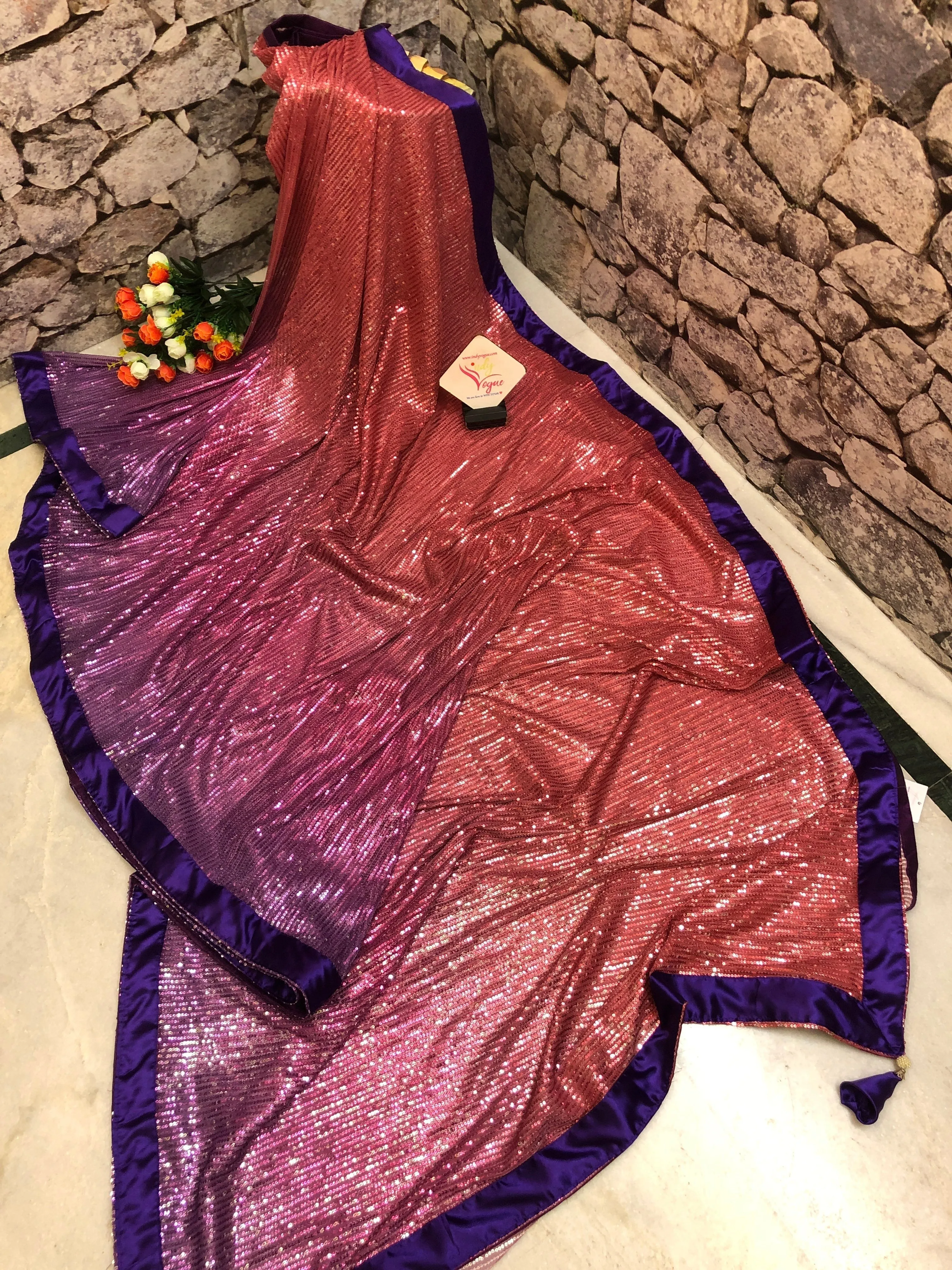 Plum Purple and Red Color Designer Net Saree with Sequin Weaving