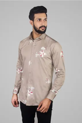 Printed Shirts for Men - Floral Print Cotton Shirt Brown