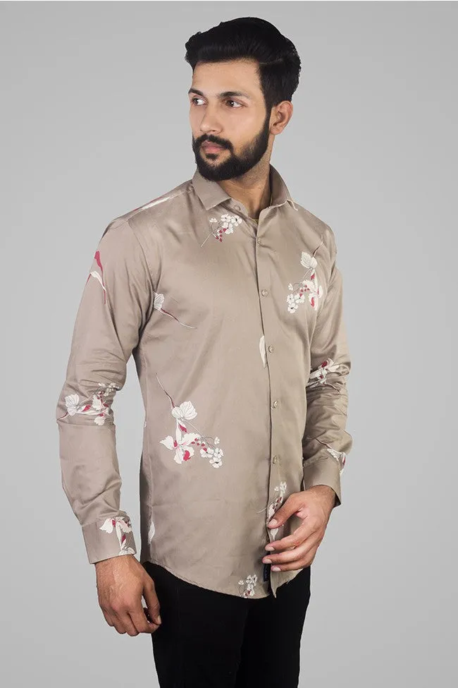 Printed Shirts for Men - Floral Print Cotton Shirt Brown