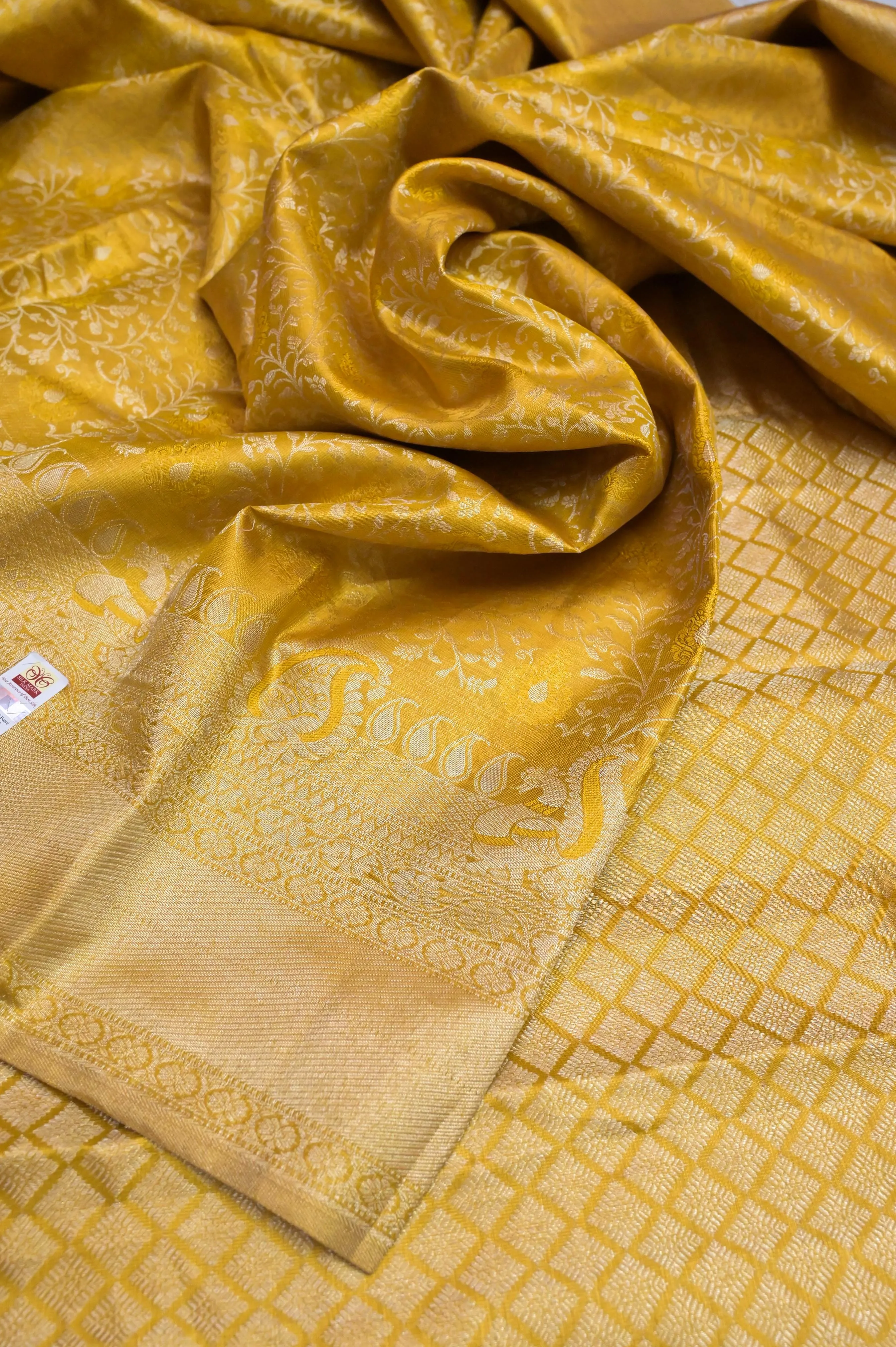 Pure Golden Color Bridal Brocade Kanjeevaram Silk Saree with Golden and Silver Zari Work