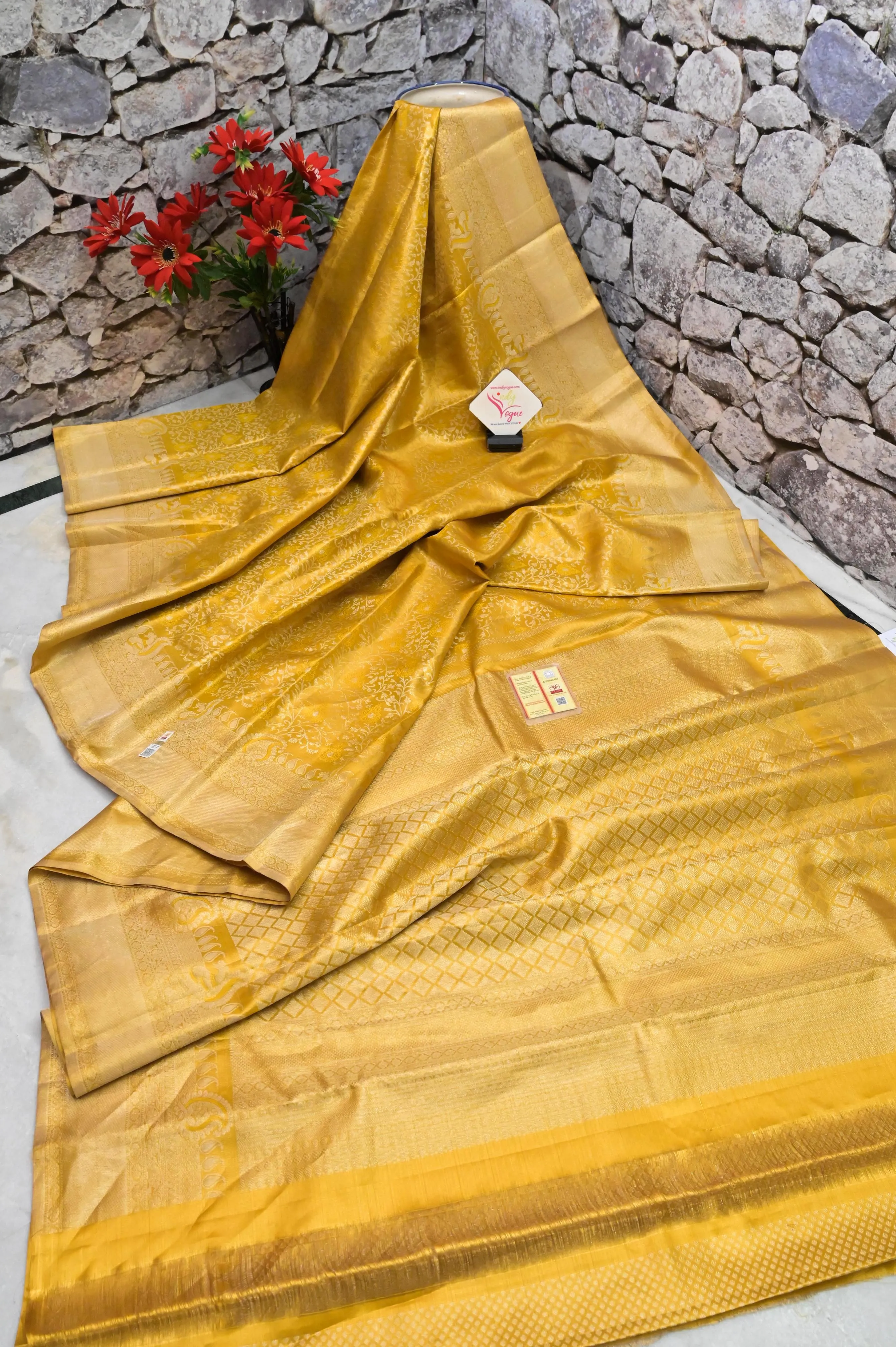 Pure Golden Color Bridal Brocade Kanjeevaram Silk Saree with Golden and Silver Zari Work