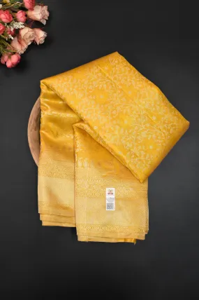 Pure Golden Color Bridal Brocade Kanjeevaram Silk Saree with Golden and Silver Zari Work