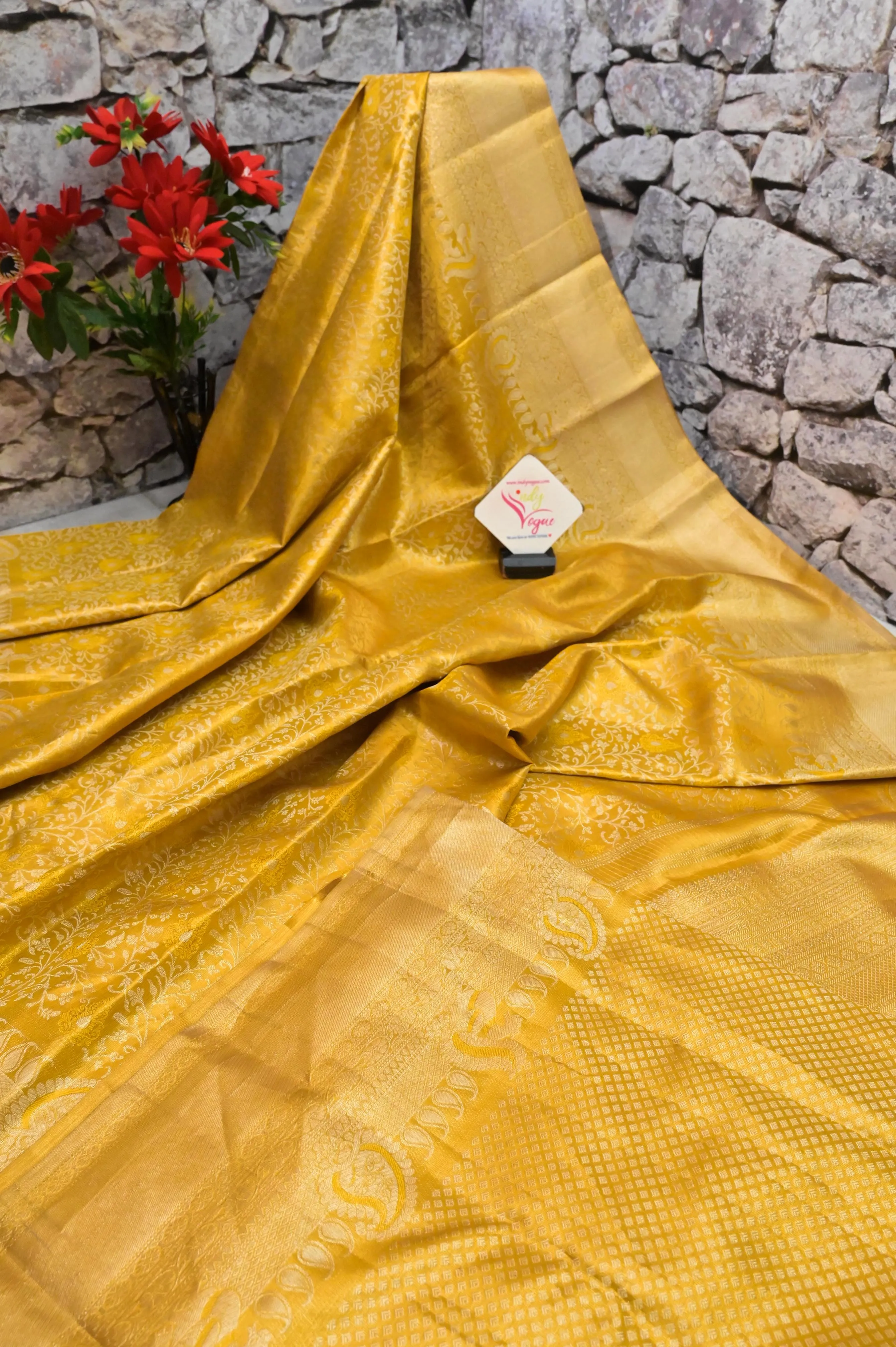 Pure Golden Color Bridal Brocade Kanjeevaram Silk Saree with Golden and Silver Zari Work