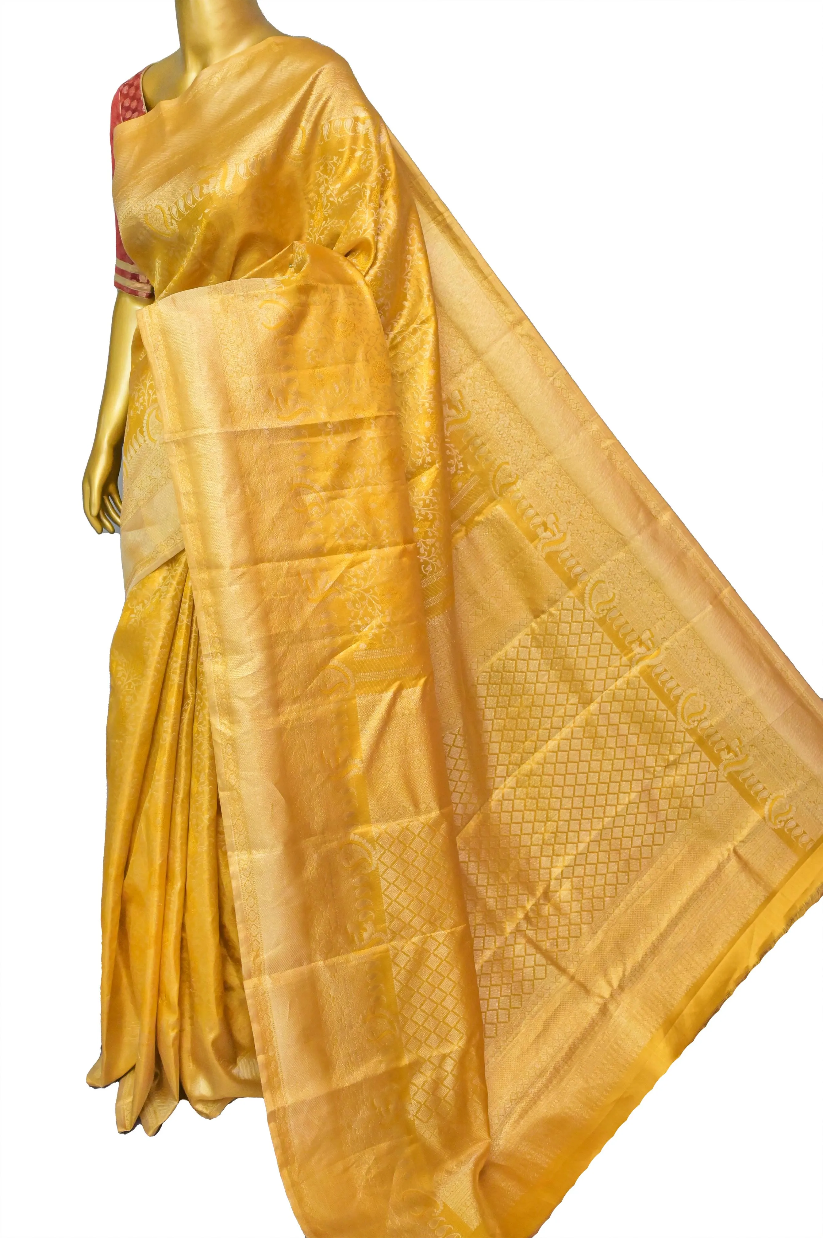 Pure Golden Color Bridal Brocade Kanjeevaram Silk Saree with Golden and Silver Zari Work