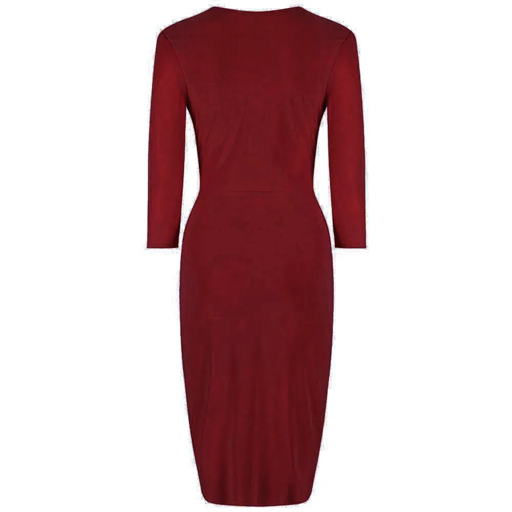 Red 3/4 Sleeve Crossover Top Bodycon Wiggle Pencil Dress