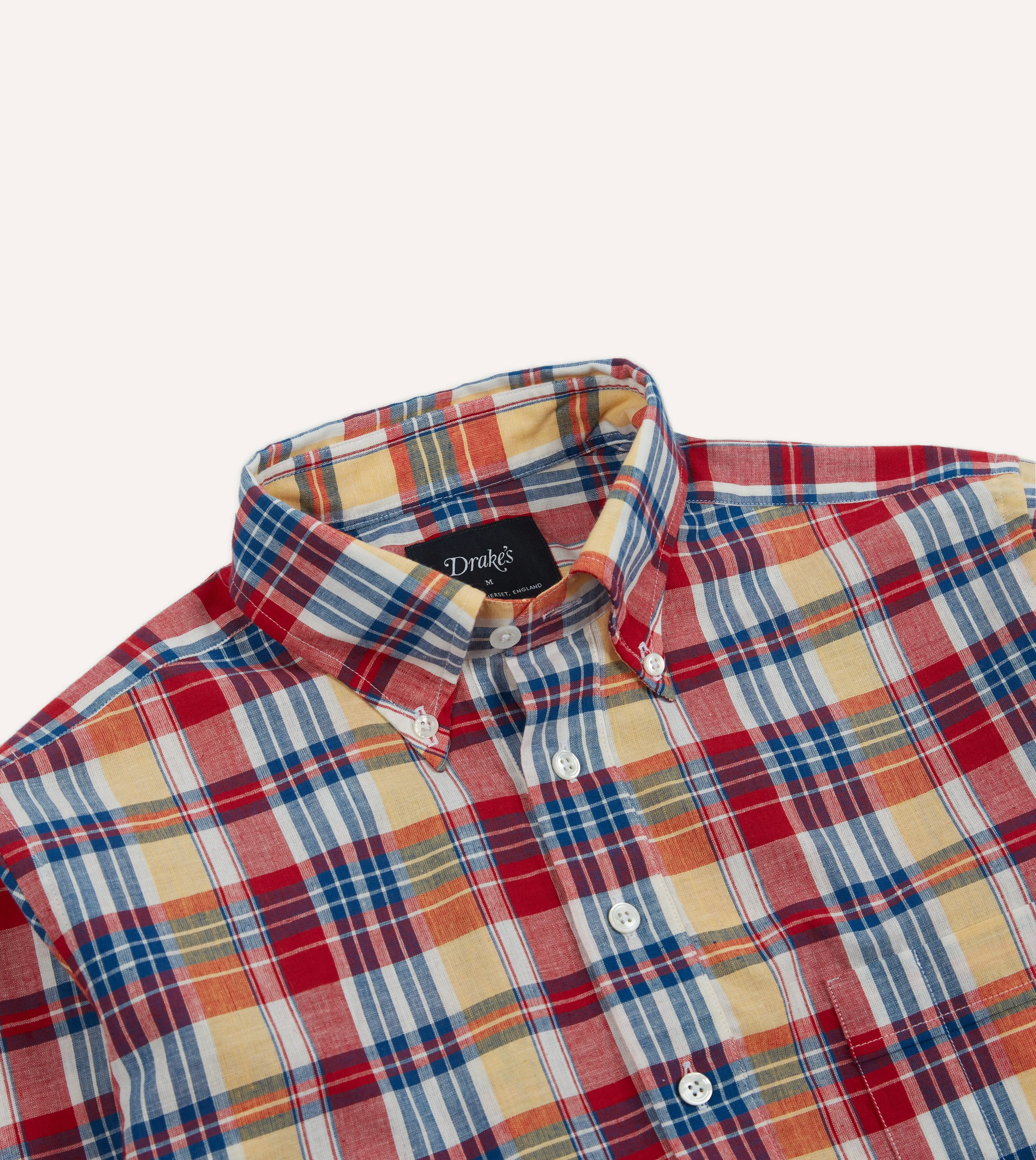 Red and Yellow Madras Check Cotton Button-Down Popover Shirt