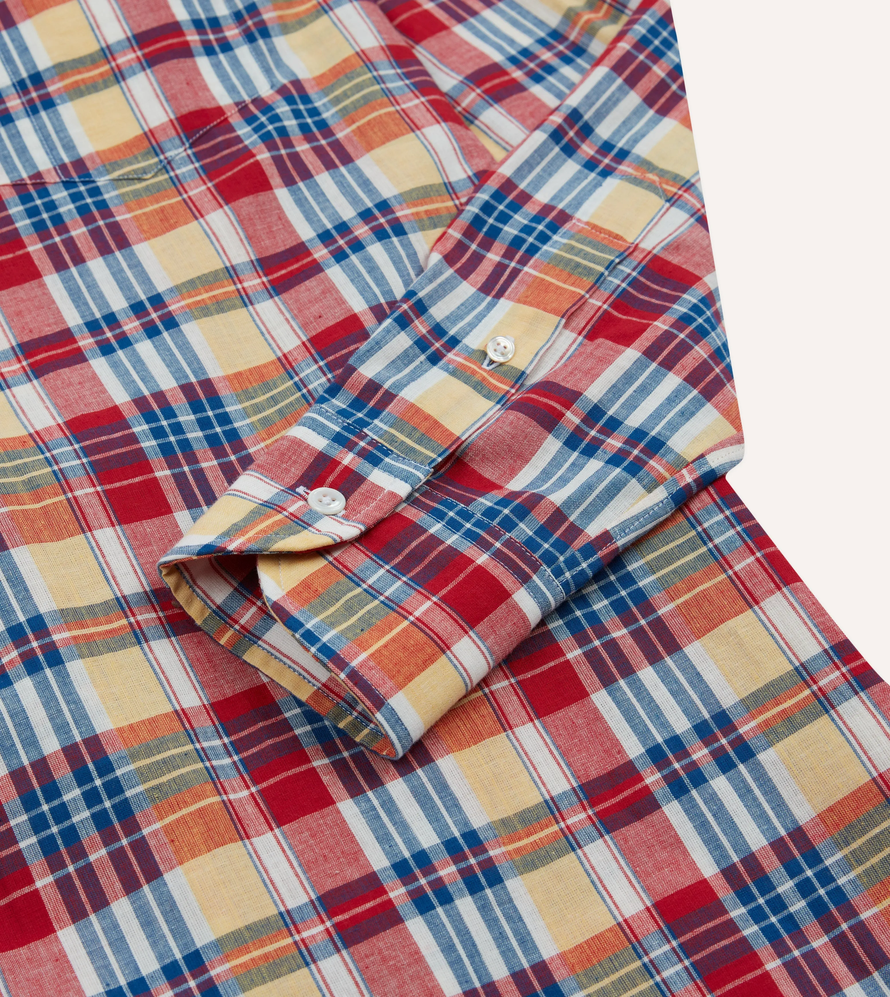 Red and Yellow Madras Check Cotton Button-Down Popover Shirt