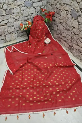 Red Color Jamdani Saree with Self Weaving and Patli Pallu