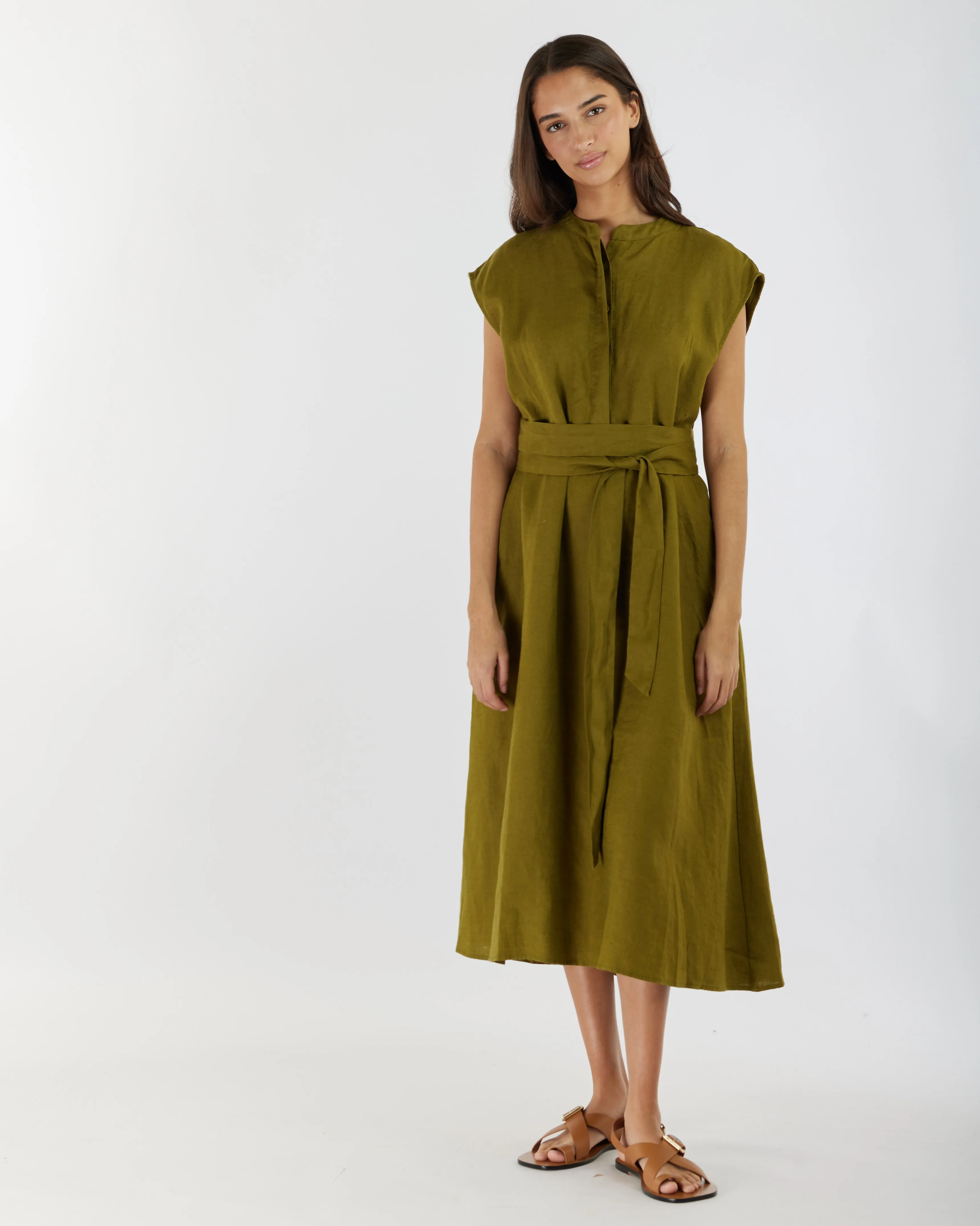 Renee Linen Midi Dress - Olive