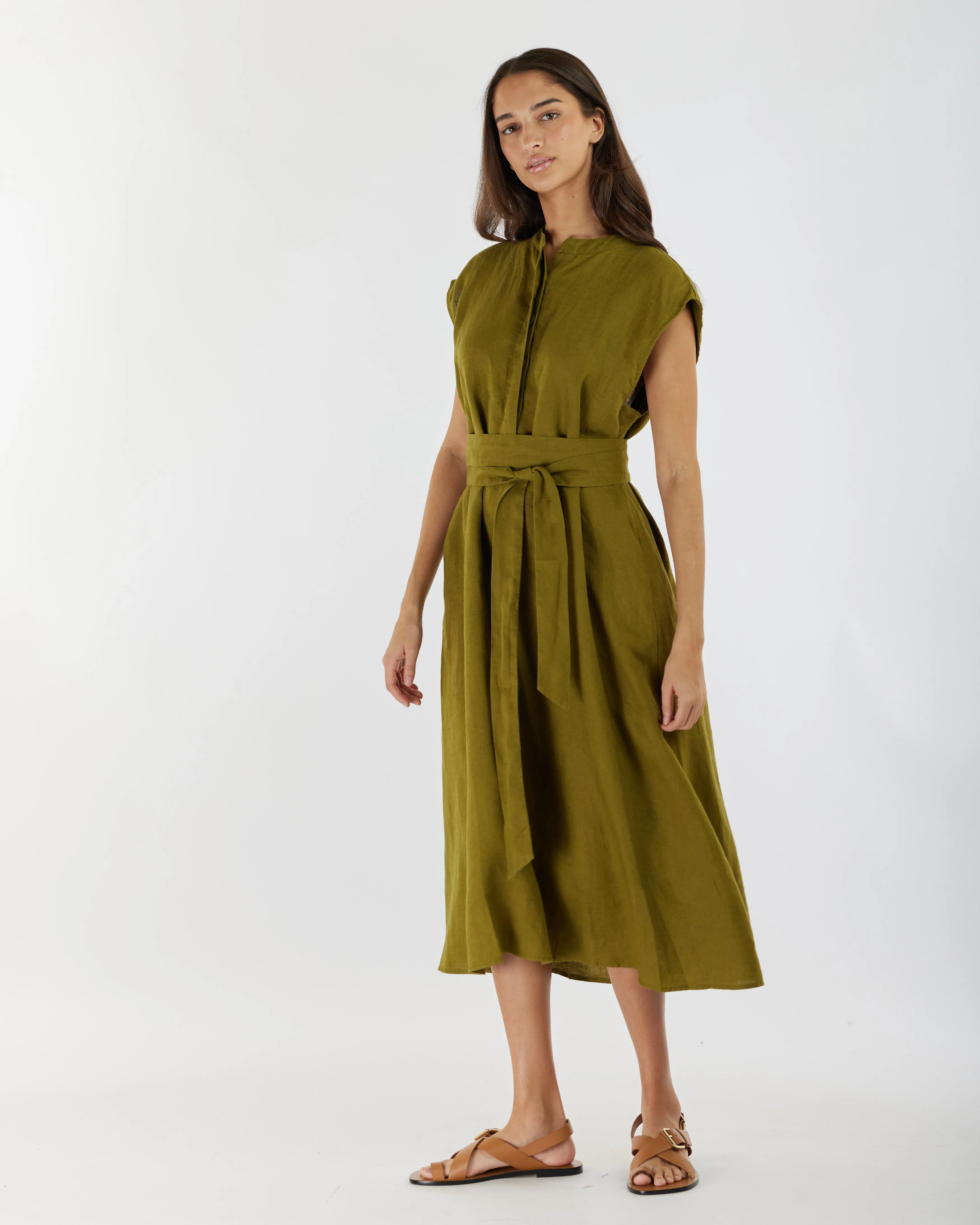 Renee Linen Midi Dress - Olive