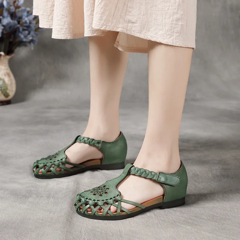 Retro Hollow Leather Round Head Summer Flat Casual Sandals