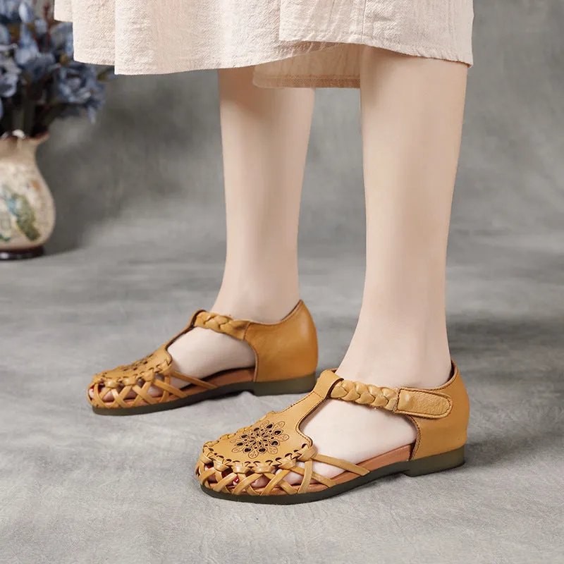 Retro Hollow Leather Round Head Summer Flat Casual Sandals