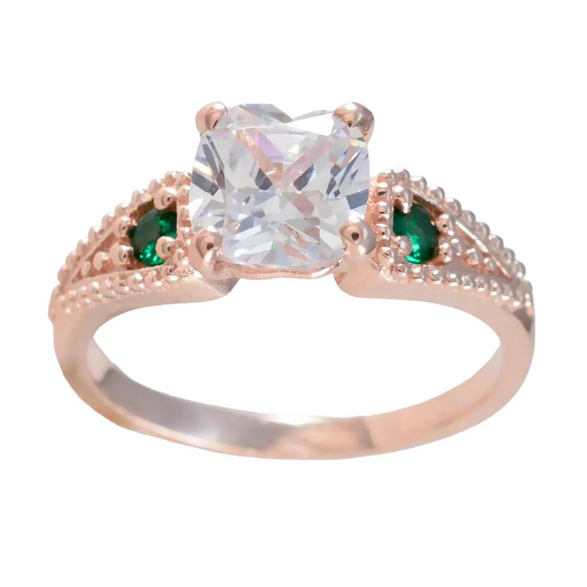 Riyo Desirable Silver Ring With Rose Gold Plating Emerald CZ Stone Cushion Shape Prong Setting Bridal Jewelry Valentines Day Ring