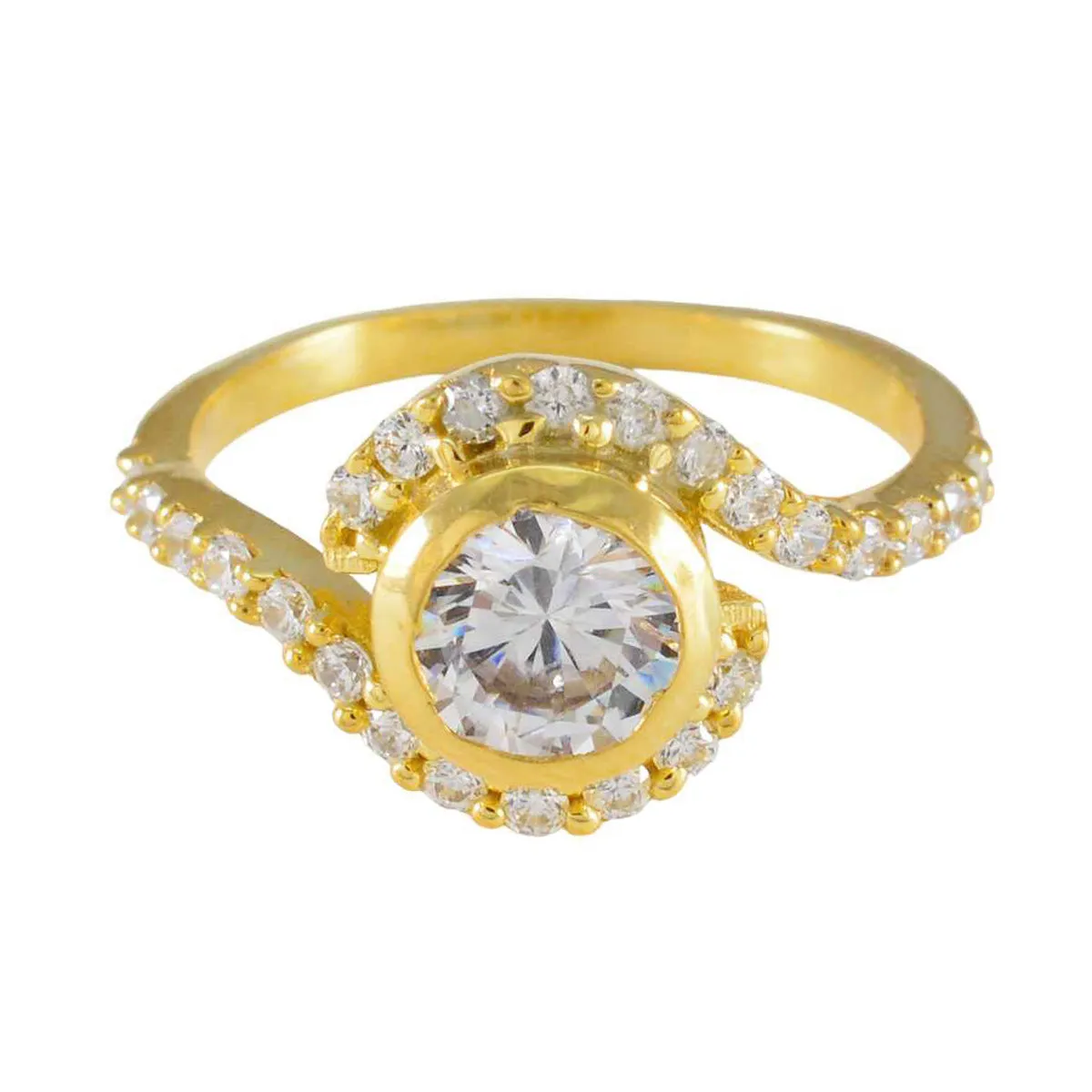 Riyo Extensive Silver Ring With Yellow Gold Plating White CZ Stone Round Shape Prong Setting Bridal Jewelry Birthday Ring