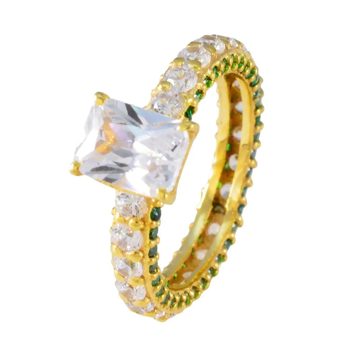 Riyo Gemstone Silver Ring With Yellow Gold Plating Emerald CZ Stone Octagon Shape Prong Setting Handamde Jewelry Black Friday Ring