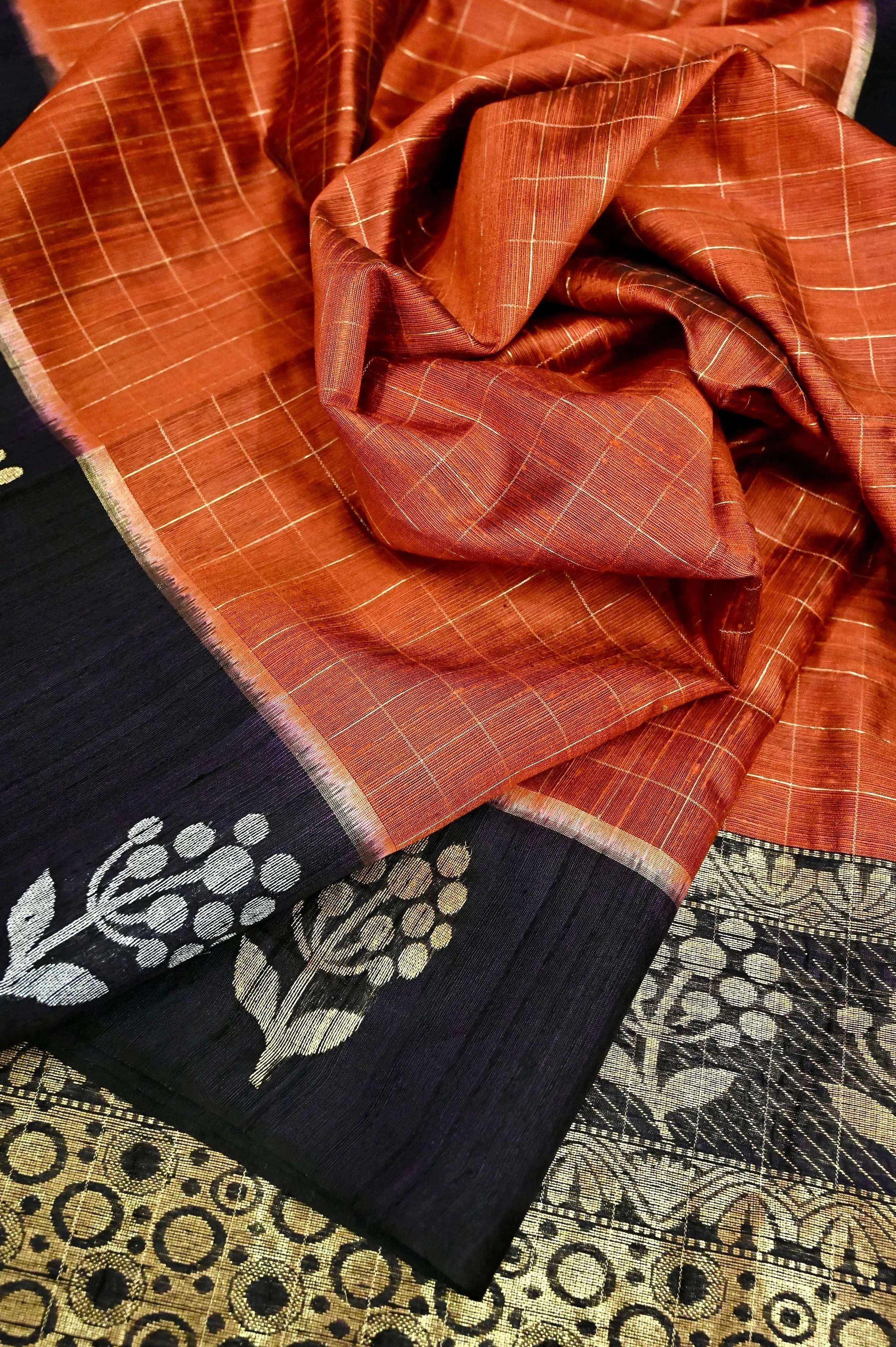 Rust Color Pure Raw Silk Saree with Allover Golden Checks and Zari Weaving