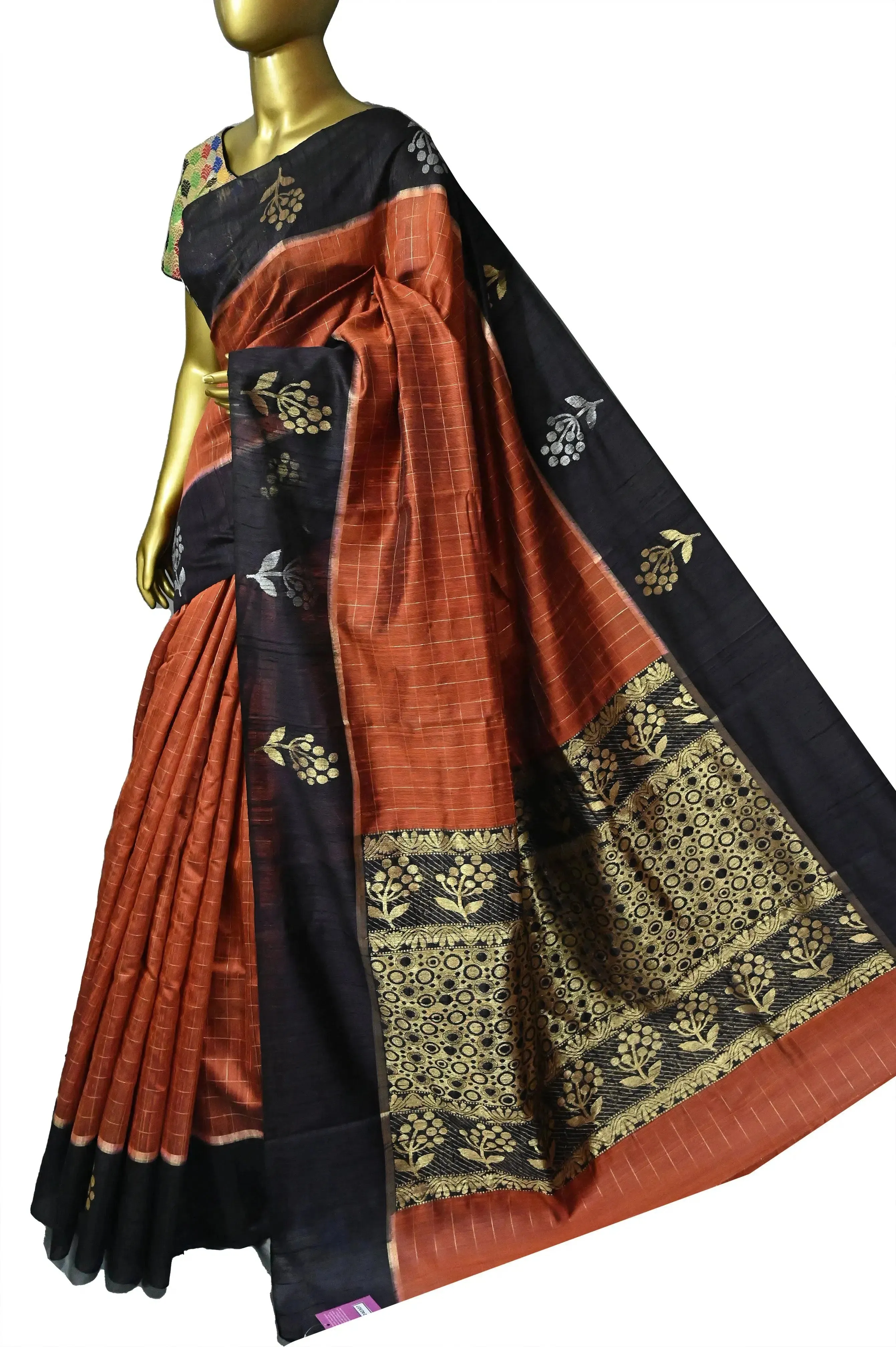 Rust Color Pure Raw Silk Saree with Allover Golden Checks and Zari Weaving