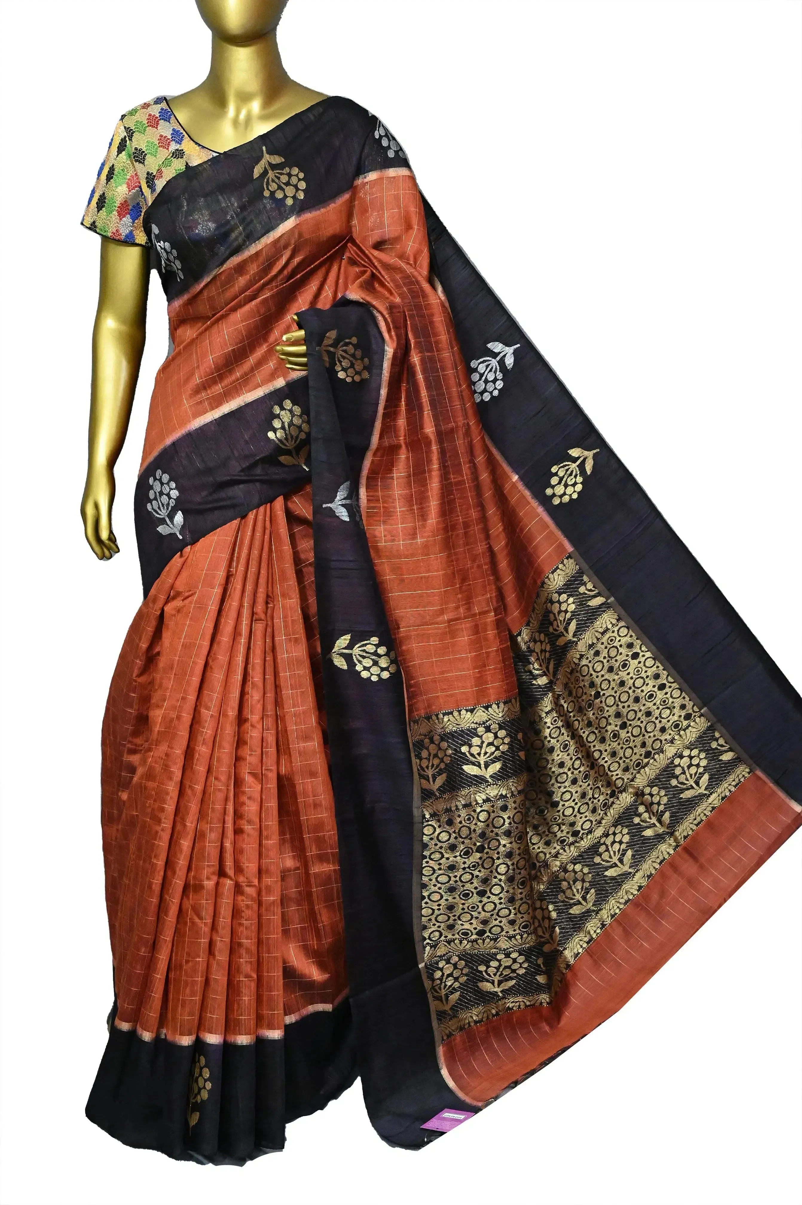 Rust Color Pure Raw Silk Saree with Allover Golden Checks and Zari Weaving