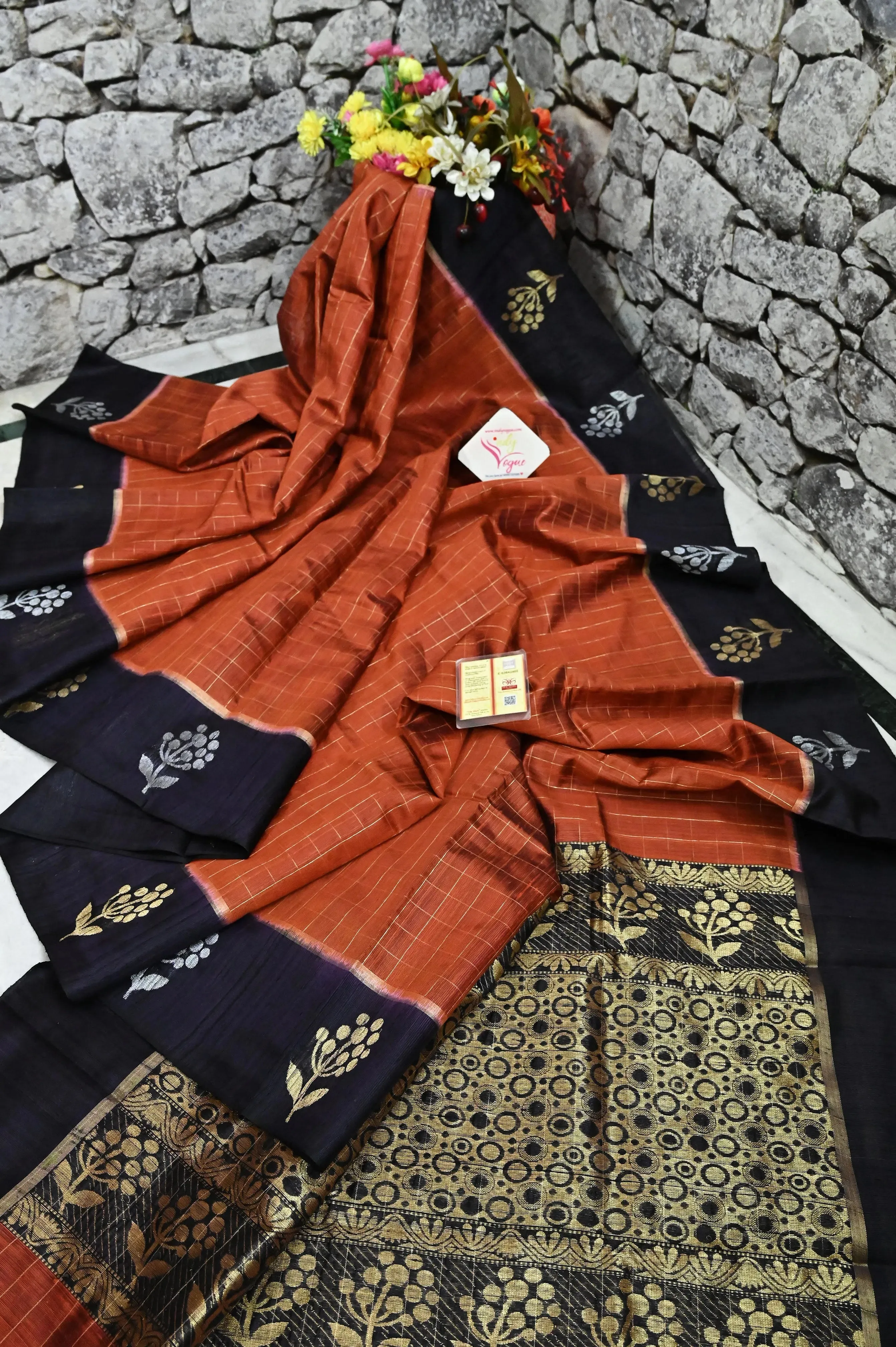 Rust Color Pure Raw Silk Saree with Allover Golden Checks and Zari Weaving