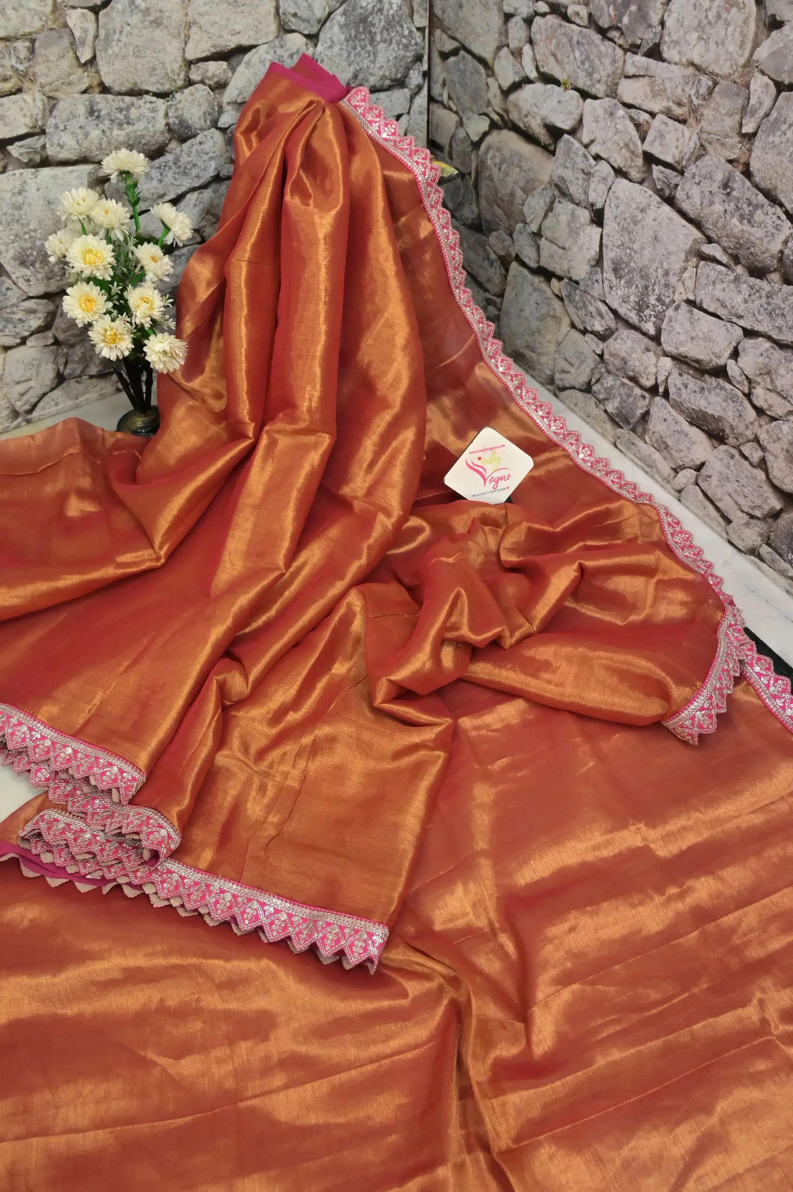 Rust Golden Color Tissue Silk Saree with Zari Lace Border