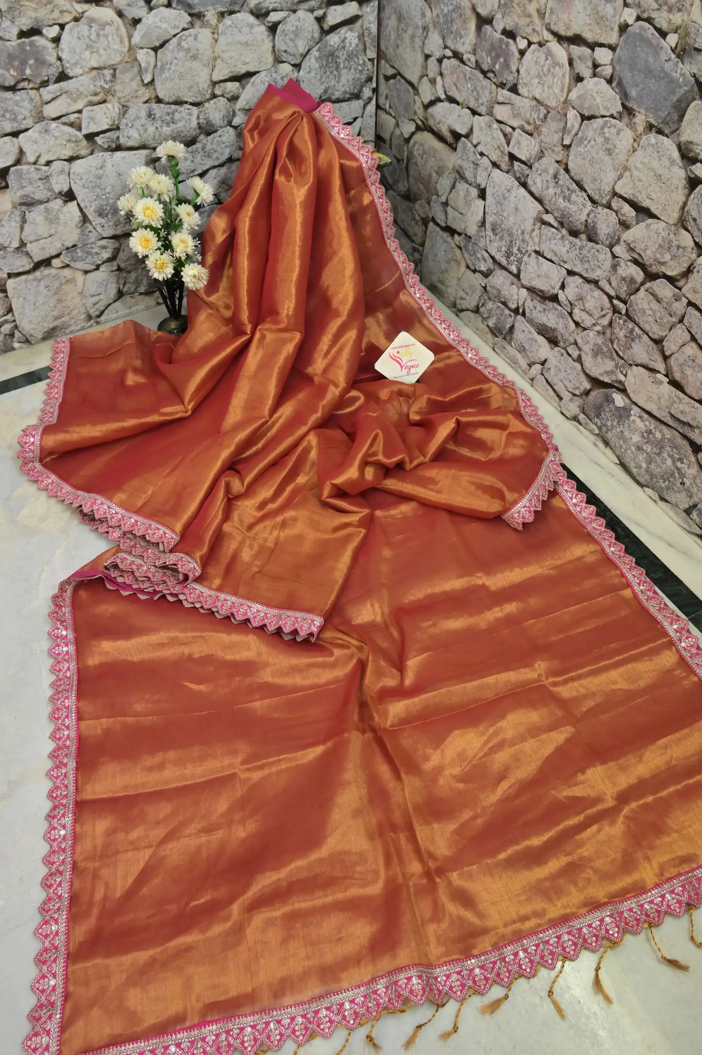 Rust Golden Color Tissue Silk Saree with Zari Lace Border