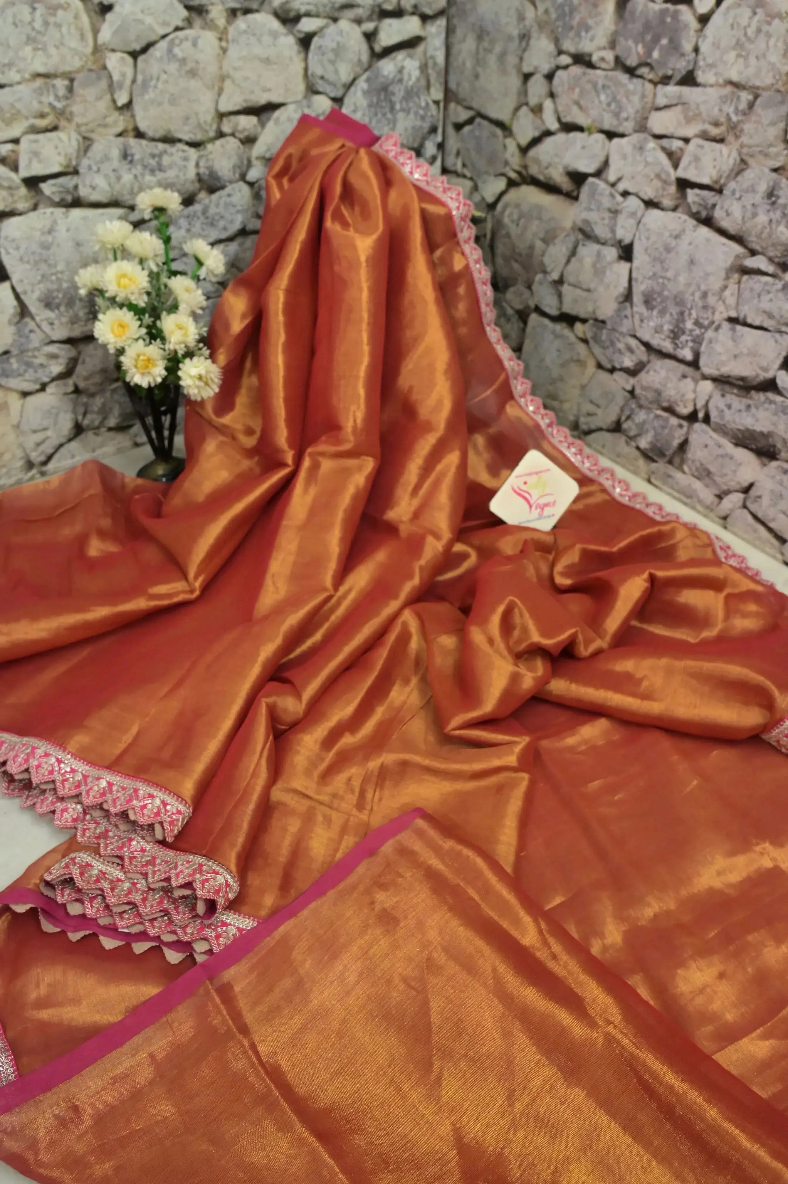 Rust Golden Color Tissue Silk Saree with Zari Lace Border