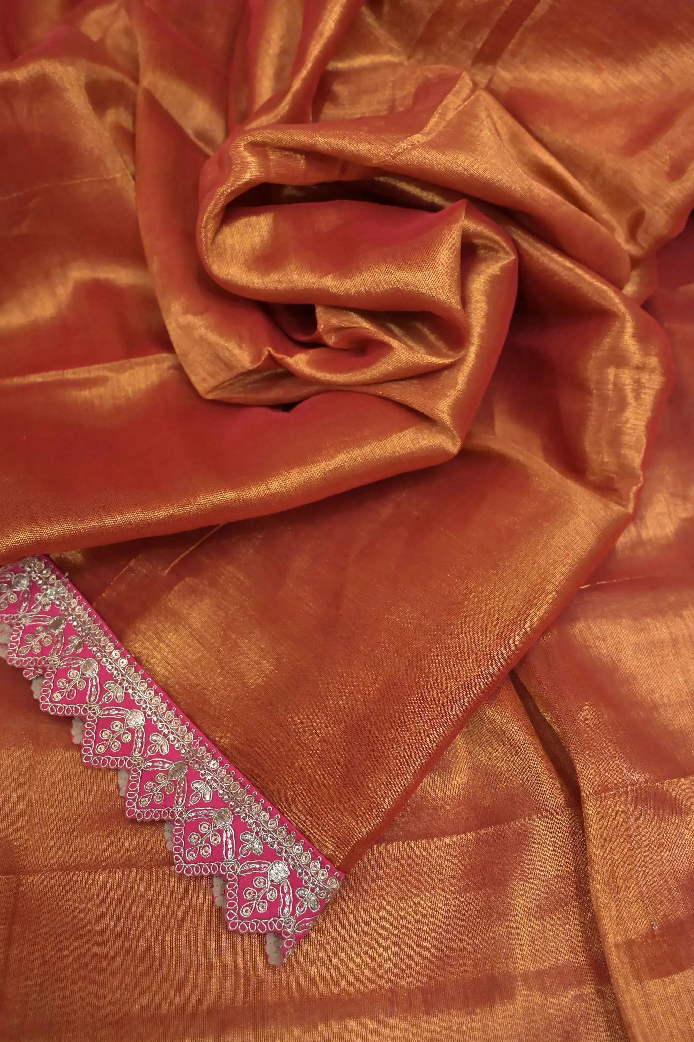 Rust Golden Color Tissue Silk Saree with Zari Lace Border