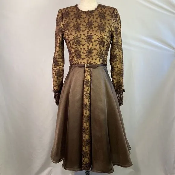 SaksFifthAvenue Prince Vintage Brown Metallic Embroidery Fit Flare Dress