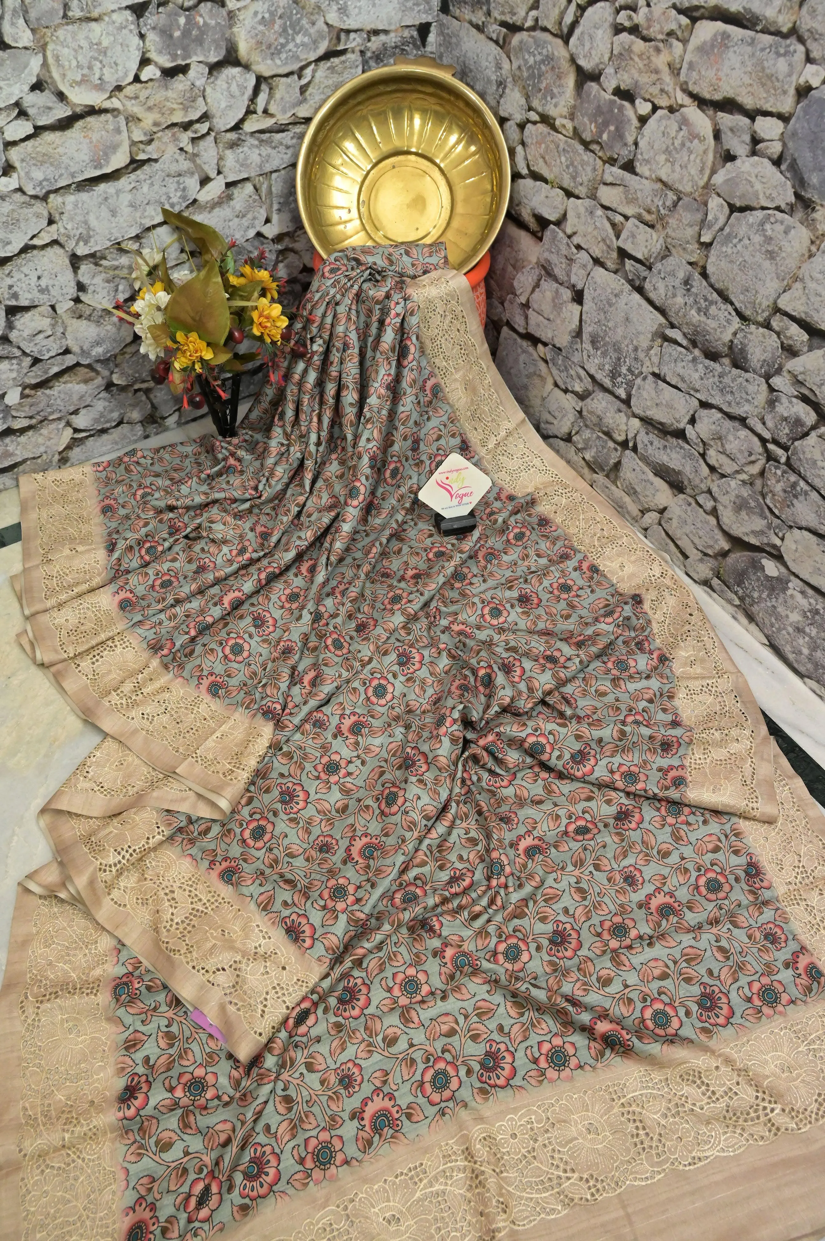 Sea Green Color Kalamkari Printed Bhagalpuri Silk Saree with  Embroidery and Cut Work