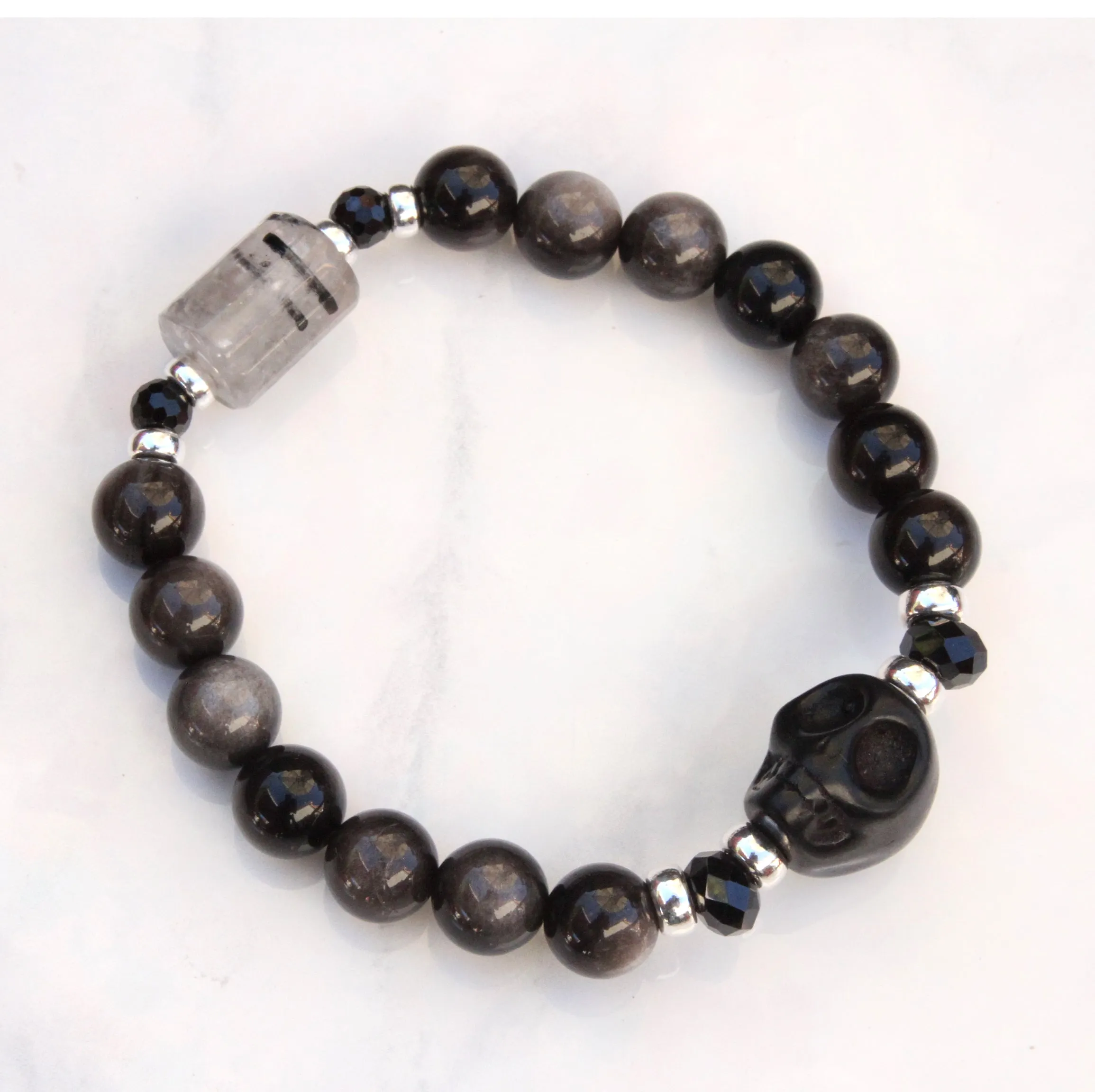 Silver Obsidian, Black Spinel gemstone, Sterling Silver, Howlite Skull, and Tourmaline Quartz Bracelet